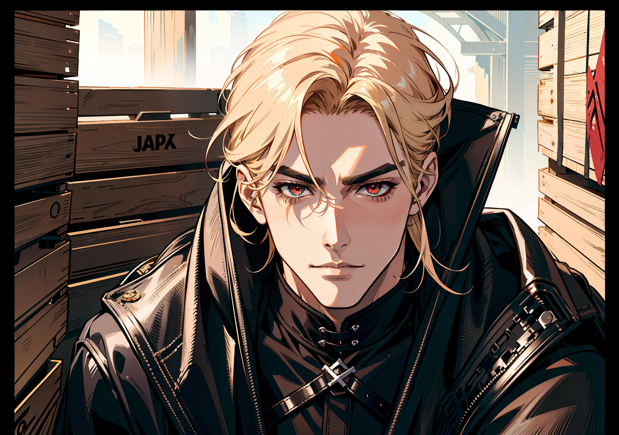 portrait, (absurd res, high res, ultra detailed), 1 male, adult, handsome, tall muscular guy, broad shoulders, blonde long hair, red eyes, finely detailed eyes, looking at viewer, solo, no background, detailed face, smirk, renegade, rugged dark leather clothes, small leather pouch, high fantasy medieval setting, smuggler hideout background, stealth, undercover, (crates in background), shadows, fog, (dutch angle), closed mouth, ((portrait))