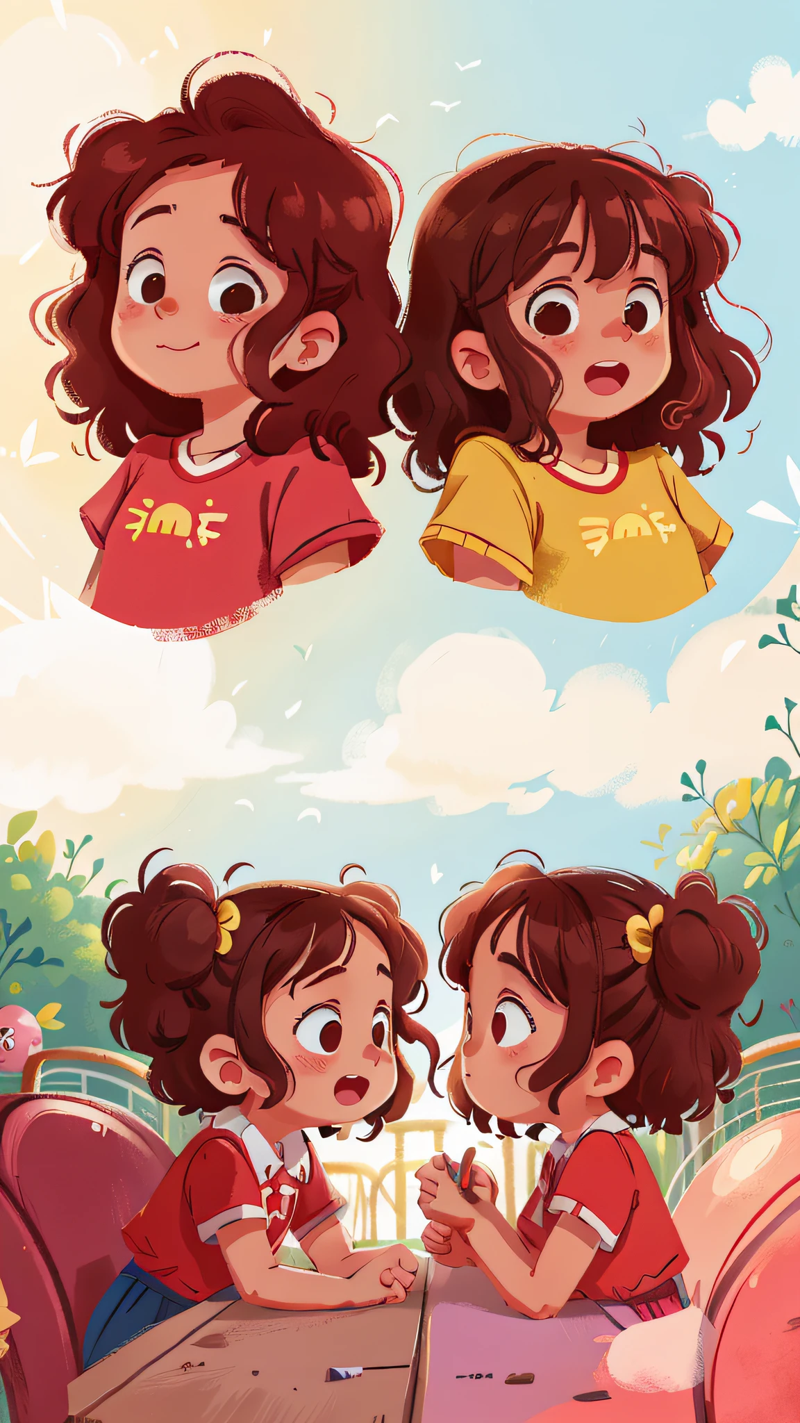 Two girls, twins, curly brown hair, at the amusement park