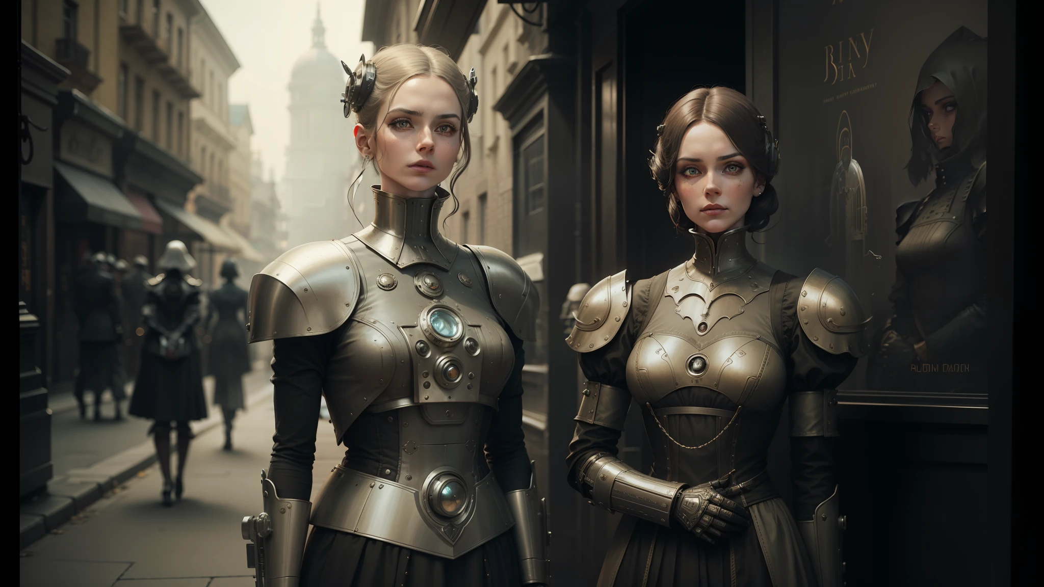 two women in costumes are standing on a street corner, inspired victorian sci - fi, intricate cyborg, trending on artstration, metal shoulder pauldrons, sepia toned, inspired by Robert MacBryde, beautiful sci - fi twins, connected to heart machines, high collar, droid --auto --s2