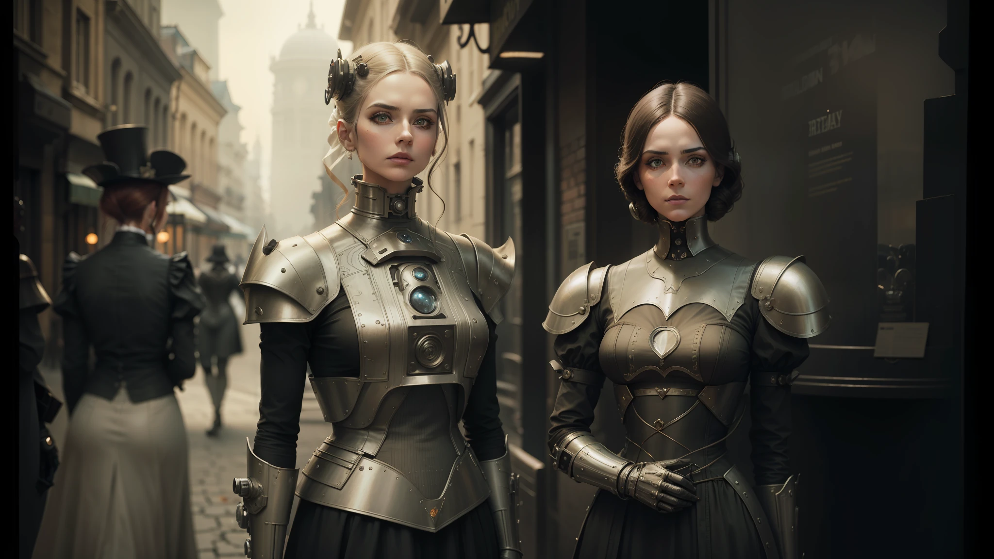 two women in costumes are standing on a street corner, inspired victorian sci - fi, intricate cyborg, trending on artstration, metal shoulder pauldrons, sepia toned, inspired by Robert MacBryde, beautiful sci - fi twins, connected to heart machines, high collar, droid --auto --s2