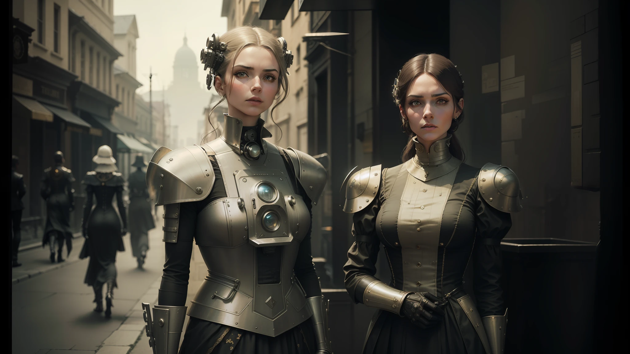 two women in costumes are standing on a street corner, inspired victorian sci - fi, intricate cyborg, trending on artstration, metal shoulder pauldrons, sepia toned, inspired by Robert MacBryde, beautiful sci - fi twins, connected to heart machines, high collar, droid --auto --s2
