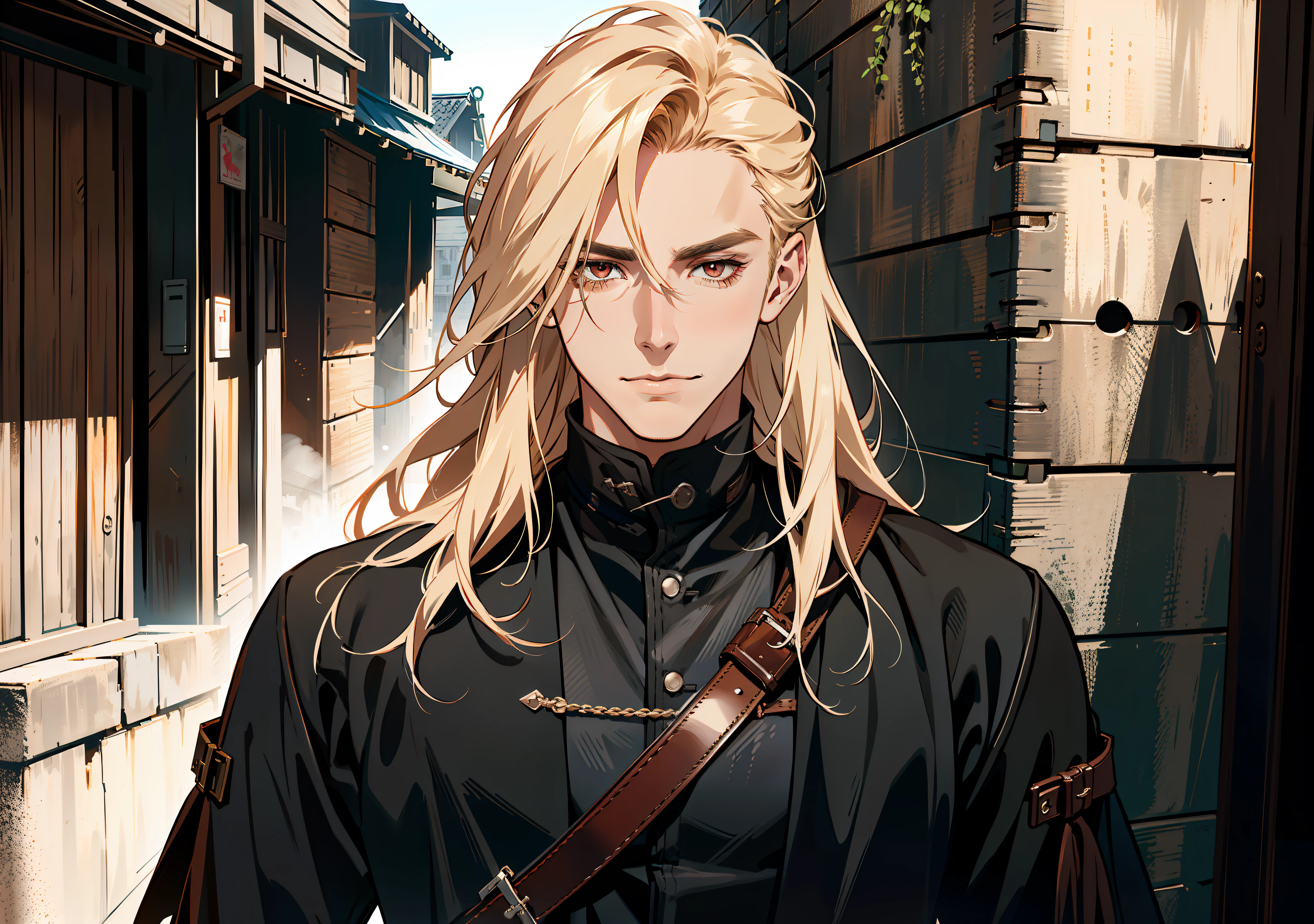 portrait, (absurd res, high res, ultra detailed), 1 male, adult, handsome, tall muscular guy, broad shoulders, blonde long hair, red eyes, finely detailed eyes, looking at viewer, solo, no background, detailed face, smirk, renegade, rugged dark leather clothes, small leather pouch, high fantasy medieval setting, smuggler hideout background, stealth, undercover, (crates in background), shadows, fog, (dutch angle), closed mouth, ((portrait))