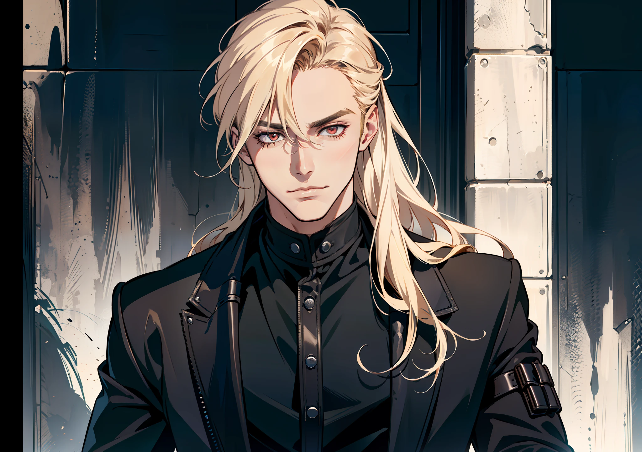 portrait, (absurd res, high res, ultra detailed), 1 male, adult, handsome, tall muscular guy, broad shoulders, blonde long hair, red eyes, finely detailed eyes, looking at viewer, solo, no background, detailed face, smirk, renegade, rugged dark leather clothes, small leather pouch, high fantasy medieval setting, smuggler hideout background, stealth, undercover, (crates in background), shadows, fog, (dutch angle), closed mouth, ((portrait)), black shirt, black jacket