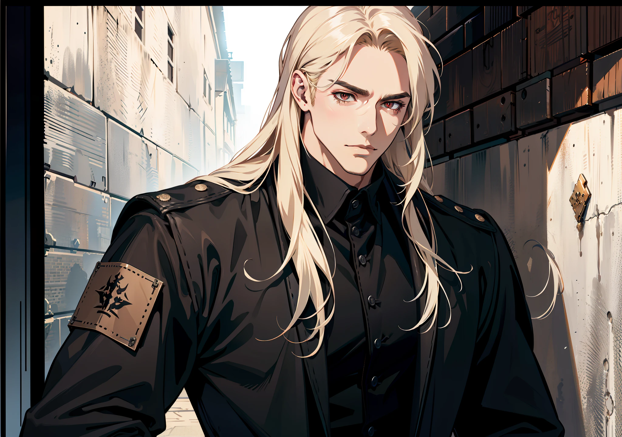 portrait, (absurd res, high res, ultra detailed), 1 male, adult, handsome, tall muscular guy, broad shoulders, blonde long hair, red eyes, finely detailed eyes, looking at viewer, solo, no background, detailed face, smirk, renegade, rugged dark leather clothes, small leather pouch, high fantasy medieval setting, smuggler hideout background, stealth, undercover, (crates in background), shadows, fog, (dutch angle), closed mouth, ((portrait)), black shirt, black jacket