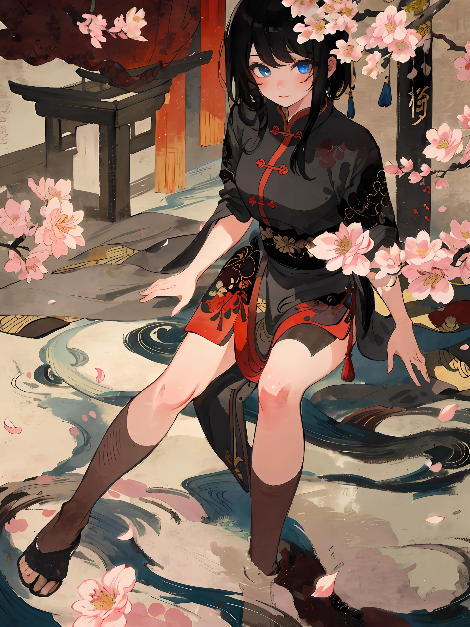 masterpiece, high quality, highly detailed, (rim lighting, spot lighting:0.75), ((good anatomy)), 1girl, (finely detailed face and beautiful eyes), oriental, solo, close up, blossomed flower, innocent eyes expressions, black hair, traditional Chinese ink painting, advanced color scheme, rich background, illustration, petals, Chinese style,