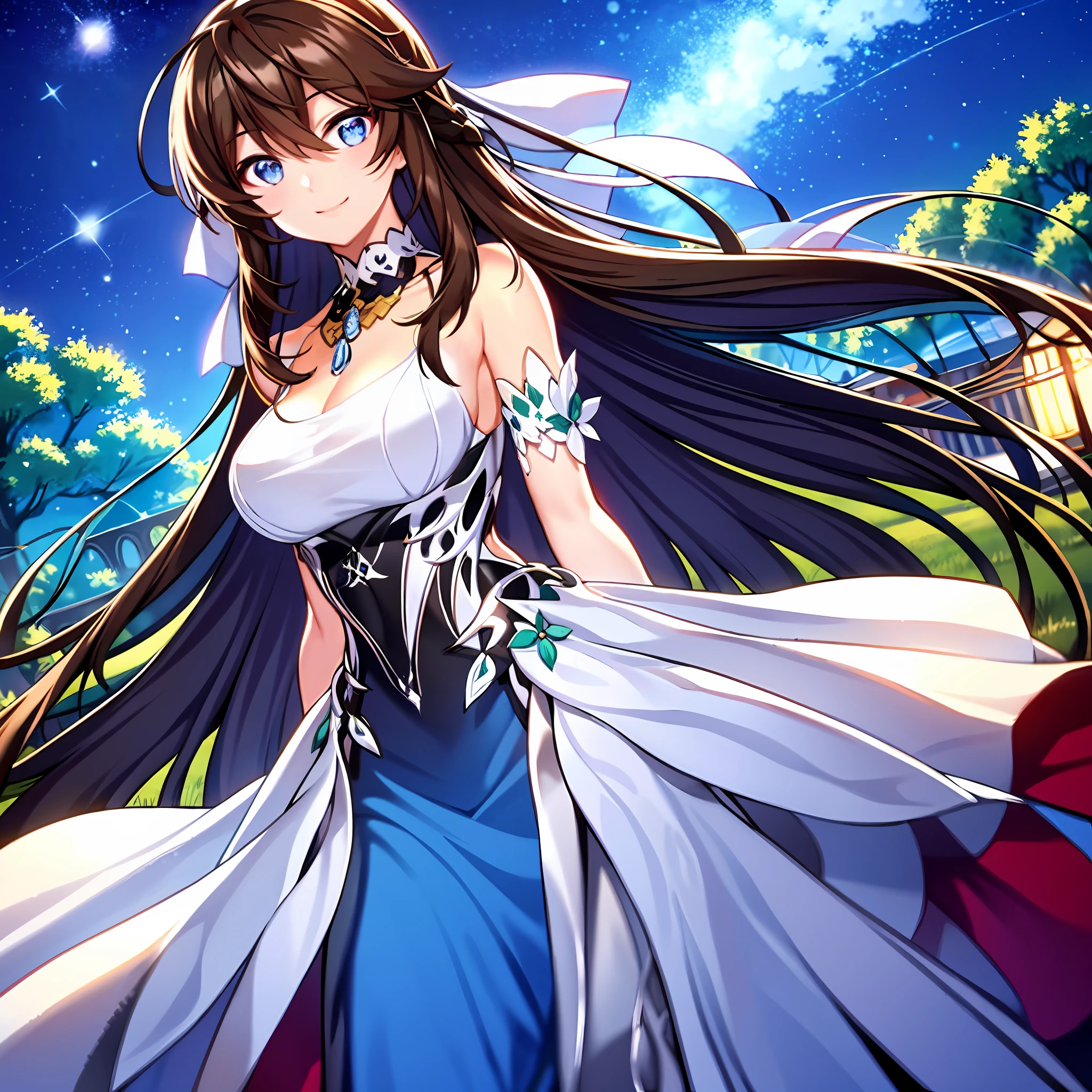 (masterpiece), best quality, ultra-detailed, illustration, warm lighting, soft lighting, bright colors, (back view), 1 girl, solo,(( beautiful girl, long hair, blue eyes, ribbon, brown hair, hair between eyes, hair ribbon, sidelocks, very long hair, messy hair)), night, outside, grass, river, sitting by the riverbank , starry sky, warm moonlight, (wear long, straight white taffeta dress), (modest and elegant dress),Sparkling necklace, mischievous smile,