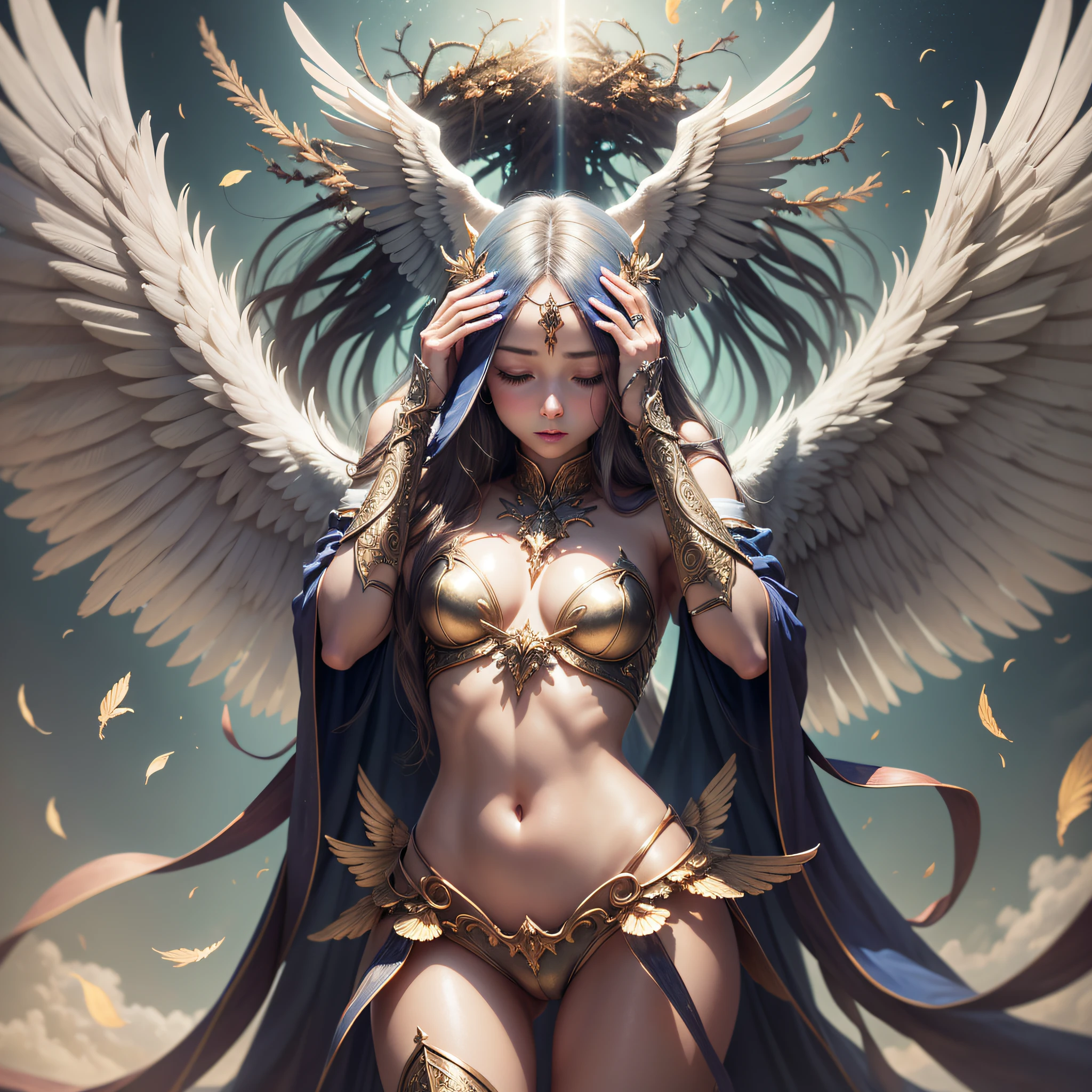 Angel, fair skin, wings covering her body, Hands covering her face. Hyper realistic, --auto --s2