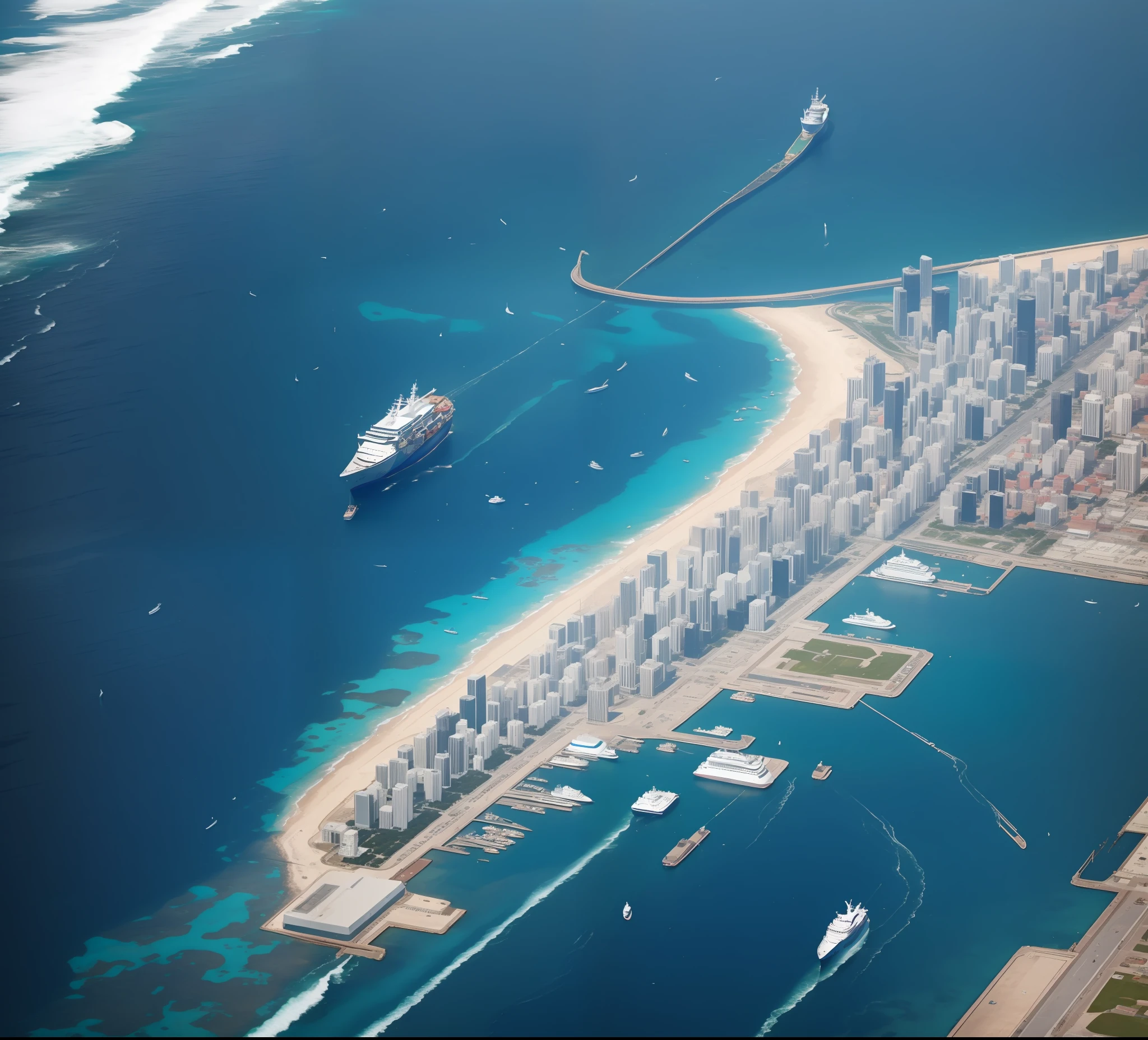 Areal photo of a city on a ship in the ocean