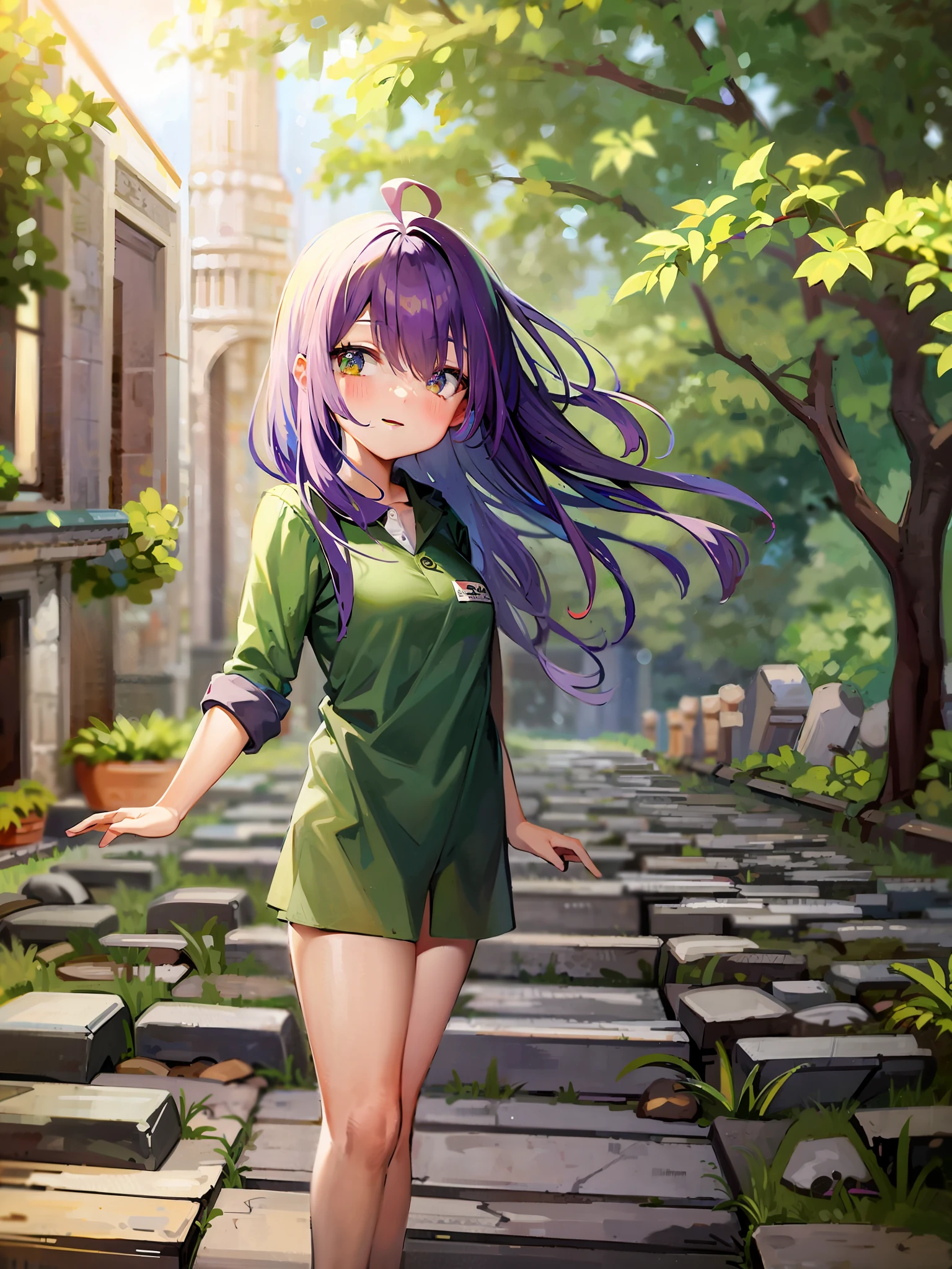 ((Masterpiece))),Superb Picture Quality,Super Detail,Ultra High Definition,Anime Girl,Lori in Washed Yellow-Green Shirt,Light Purple Hair Girl,Perfect Light Purple Hair Girl,Light Purple Hair. Girl in light green shirt, anime moe art style, gwise, anime painter studio, Misato Katsuragi, UFOable art style, April rendering, high quality anime art style, tall, anime style. 8K, visual novel sprite, gapmoe yandere, smile, (background, cobblestone corridor of ancient ruins) (vegetation, bright sky) (shining morning sun) light, sunlight.
Put your hand on a low wall.