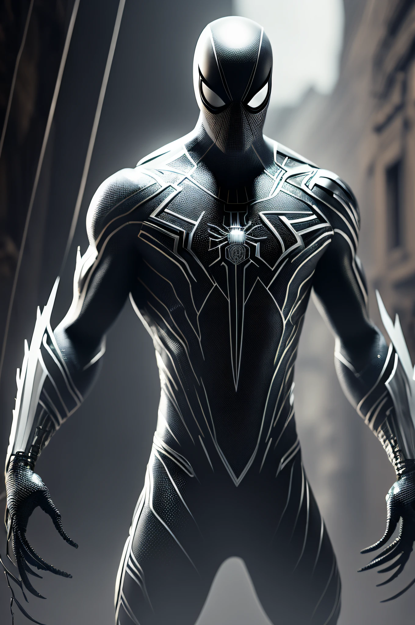 (8k, foto RAW, melhor qualidade, obra-prima: 1.2), ultra detalhado, arte oficial, foto-realista: 1.37, spider man, black suit, spider in the center of your chest in white, organic looking clothing, gooey testura, symbiote, white eyes, fine art, PS5 cinematic screenshot,highly detailed detailed cinematic rendering, ultra photorealistic raytricing, with cinematic lightingpose de ação