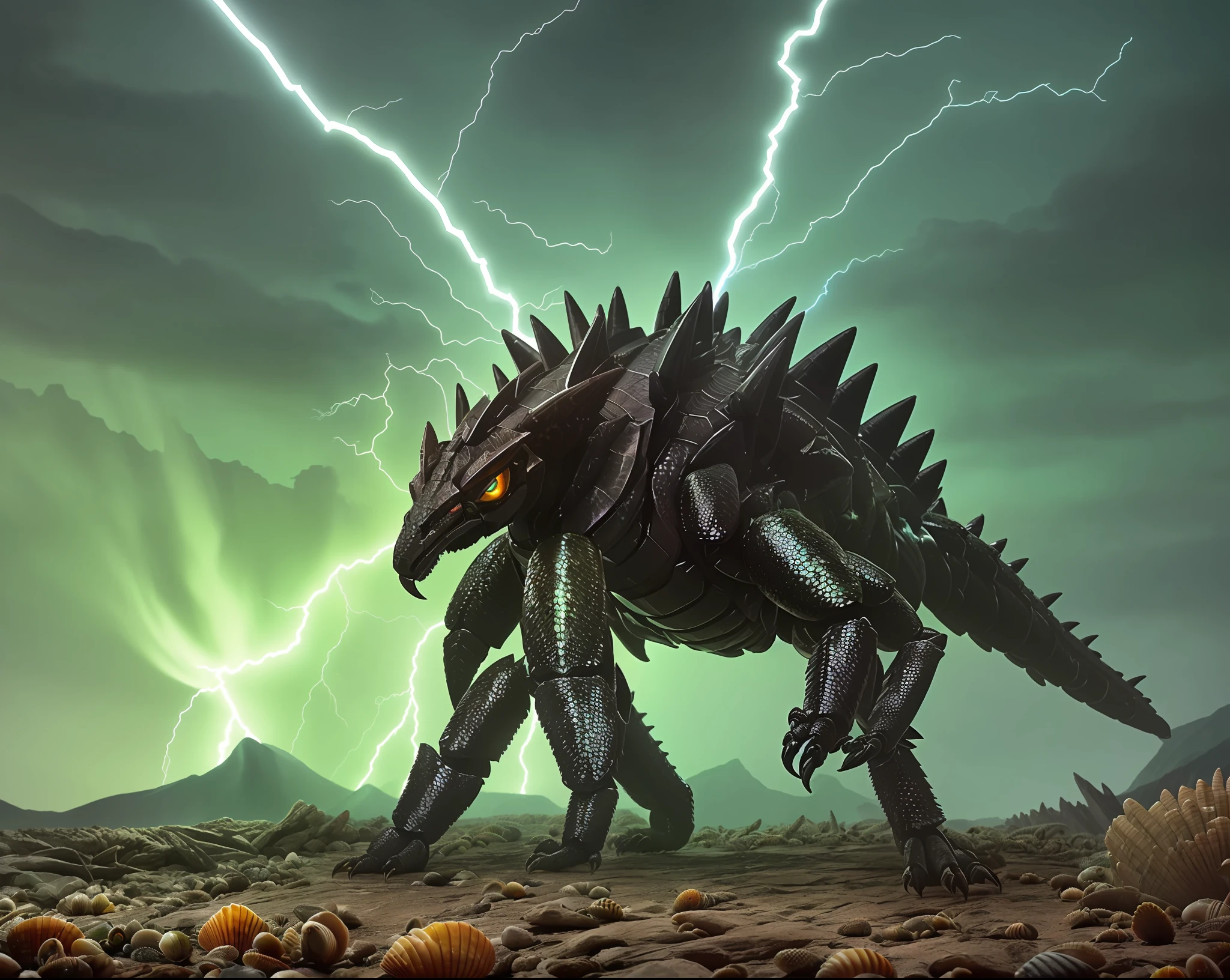 Synthetic Monster (Dragon's Head) (Scorpion Body) ((Strong feet with six-legged shells, sharp scales, three-pronged tail, six-legged walking)) (Insect wings spread wide) Forest (((Lightning effect)))