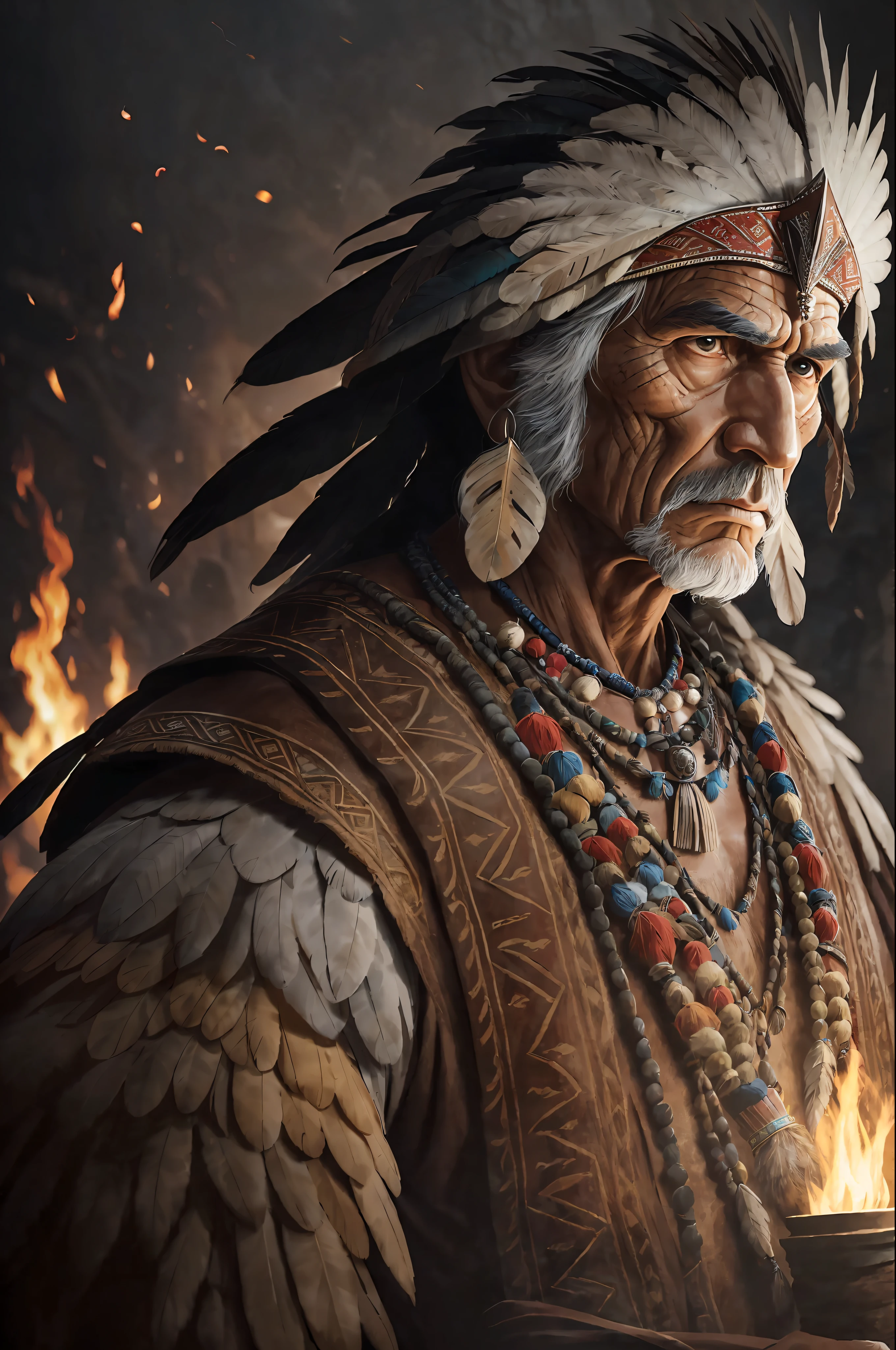 (High quality: 1.3), cinematic shot, masterpiece, (sharp focus: 1.5), (photorealistic: 1.3), medium portrait of (a tired-looking but still proud and fierce old indigenous shaman, now the leader of his village, dressed in elaborately detailed macaws and leather armor, some torches burn around, giving the scene a somber atmosphere but sculpting the shapes in crisp chiaroscuro), is night, (highly detailed skin), (detailed face), detailed background, dark lighting, twilight lighting, volumetric lighting, complex details, UHD, --auto --s2