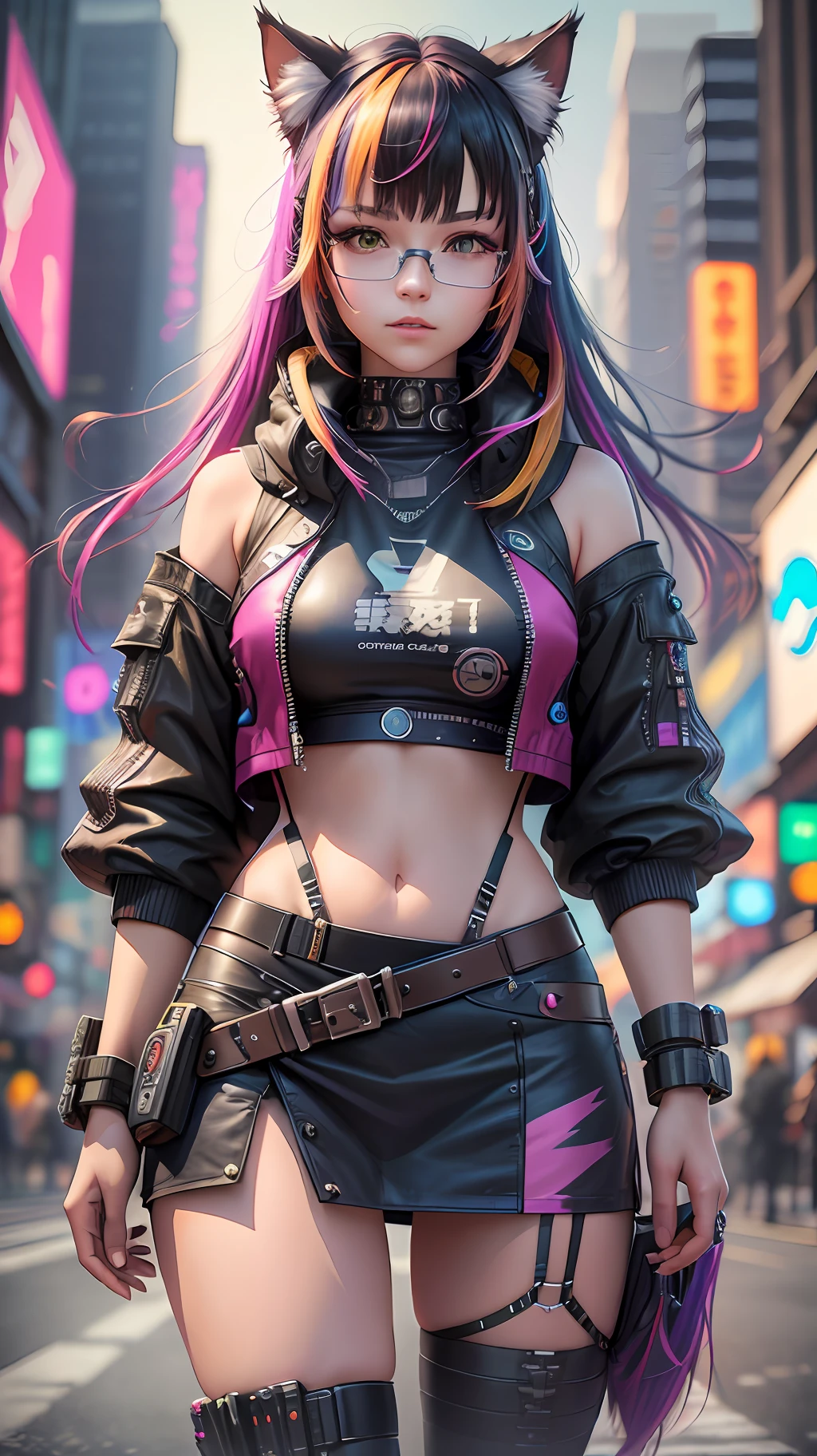 a beautiful photorealistic photograph of 2 cyberpunk catgirls with fringe cut bangs long multicolor hair, ((Best quality)), ((masterpiece)), (detailed: 1.4), depth of field focus f/2.8
