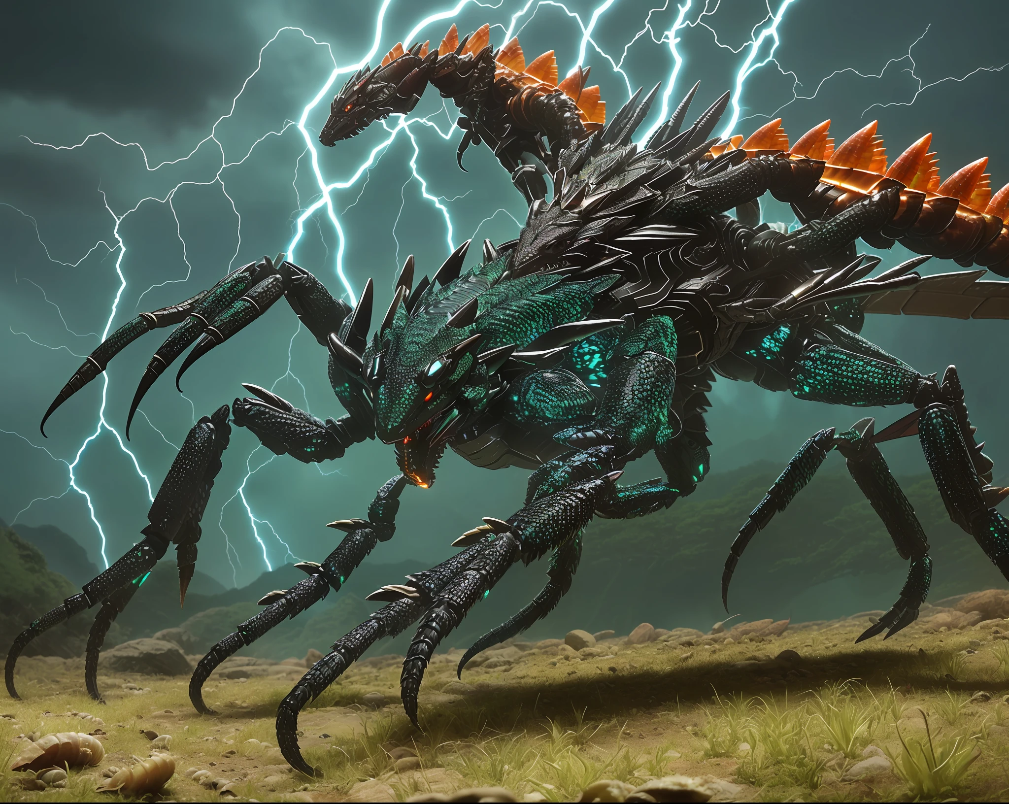 Synthetic Monster (Dragon's Head) (Scorpion Body) ((Strong feet with six-legged shells, sharp scales, three-pronged tail, six-legged walking)) (Insect wings spread wide) Forest (((Lightning effect)))