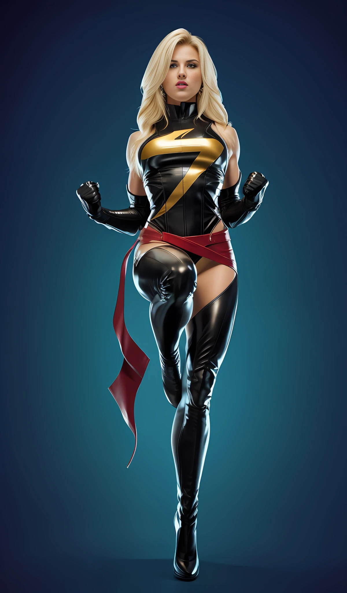 4K, sexy woman, muscular body, blonde hair, leather suit, angry expression, flexed right leg.