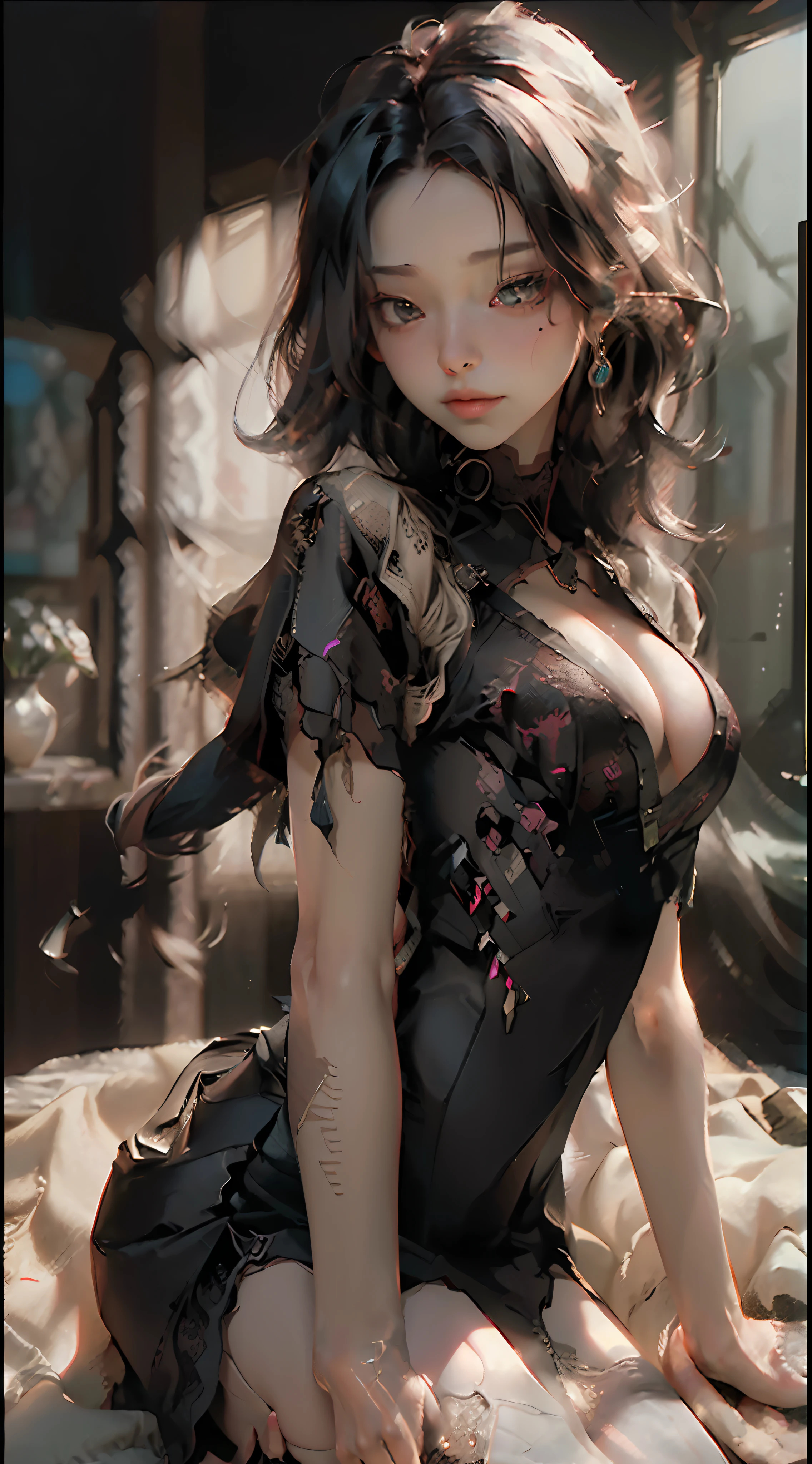 (Best Quality), ((Masterpiece), (Detail: 1.4), 3D, A Beautiful Cyberpunk Woman, HDR (High Dynamic Range), Ray Tracing, NVIDIA RTX, Super-Resolution, Unreal 5, Subsurface Scattering, PBR Textures, Post-Processing, Anisotropic Filtering, Depth of Field, Maximum Sharpness and Clarity, Multi-layer Textures, Albedo and Highlight Maps, Surface Shading, Accurate simulation of light-material interactions, perfect proportions, Octane Render, two-color light, large aperture, low ISO, white balance, rule of thirds, 8K RAW, lying in bed, seducing, mouth open, holding something, wearing a collar around the neck, being led, bitch, bitch, bitch, bitch, confused, shy, delicious, erotic, erotic lingerie, black lace, tongue out, learning to bark, lace shorts, bare waist, in bed, pressed, ambiguous, love, no clothes , nude, with both breasts exposed. Exposed, leaked,
