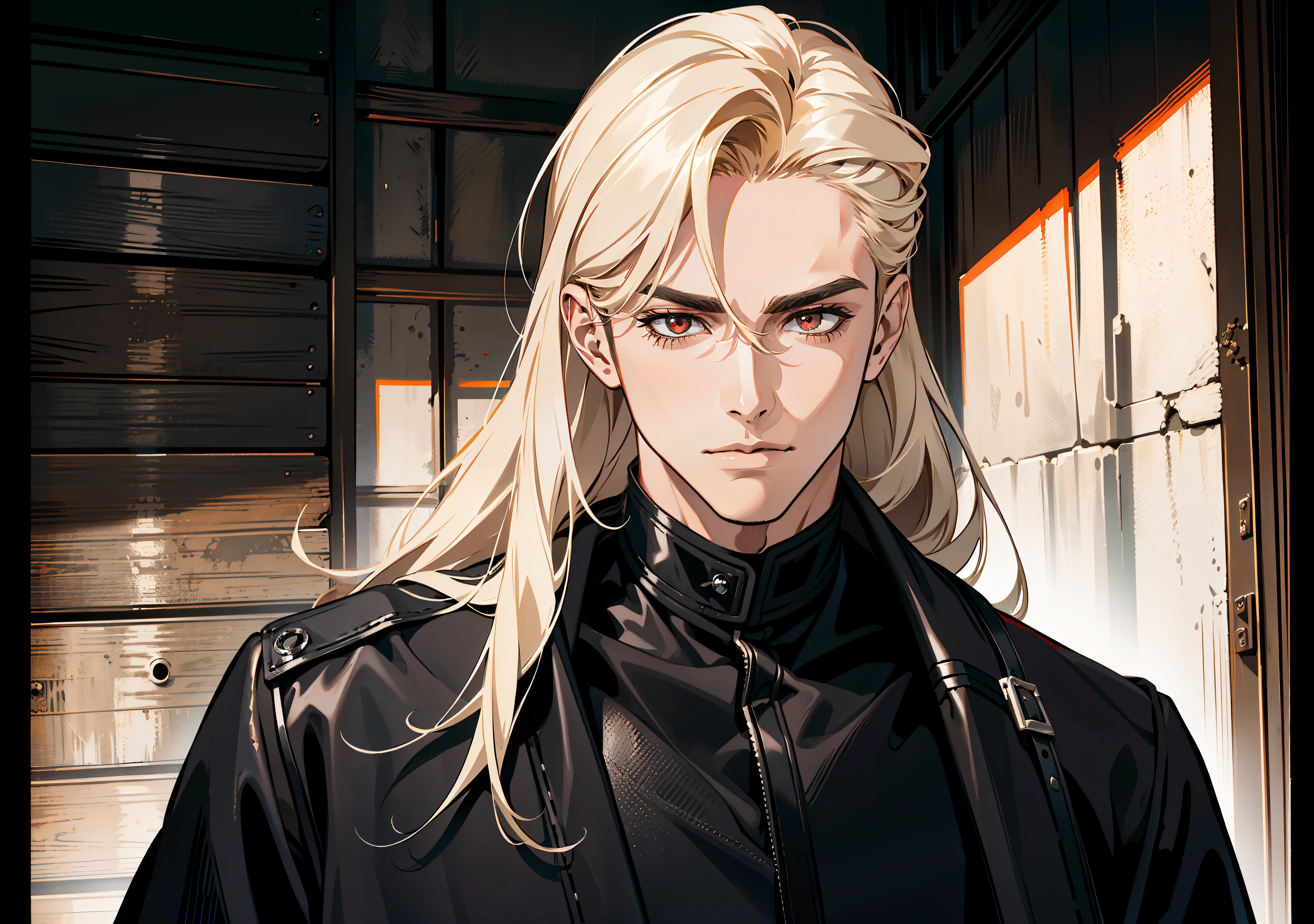 portrait, (absurd res, high res, ultra detailed), 1 male, adult, handsome, tall muscular guy, broad shoulders, blonde long hair, red eyes, finely detailed eyes, looking at viewer, solo, no background, detailed face, smirk, renegade, rugged dark leather clothes, small leather pouch, high fantasy medieval setting, smuggler hideout background, stealth, undercover, (crates in background), shadows, fog, (dutch angle), closed mouth, ((portrait)), black shirt, black jacket