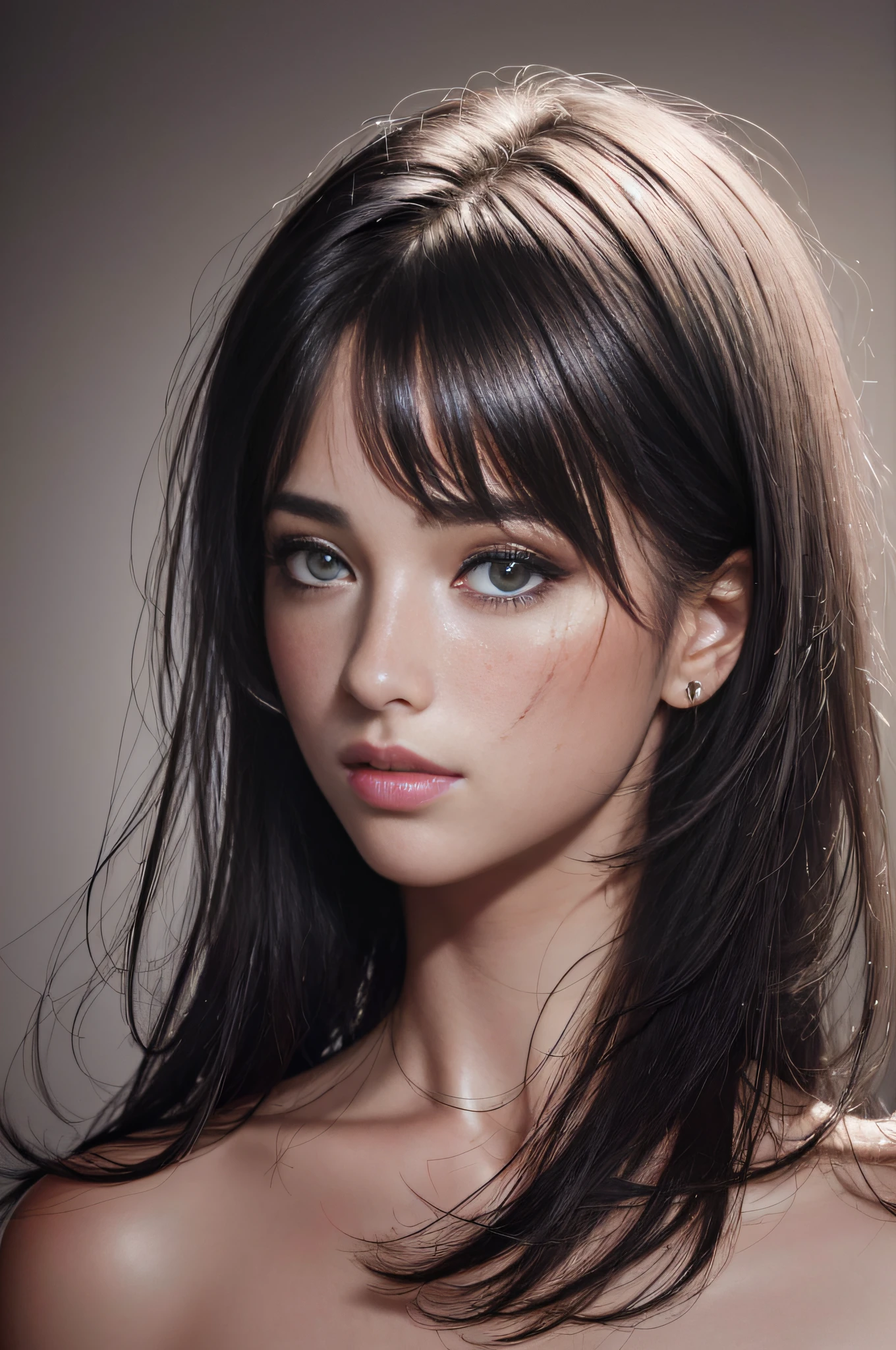 (RAW photo, best quality), (realistic, photo-realistic:1.2), 1girl, high quality, (high detailed skin:1.4), puffy eyes, gorgeous hair,  (dark room:1.3), (rim lighting:1.3), (dimly lit:1.3), (dark night:1.3), indoors, portrait, black hair, dark background, short hair,