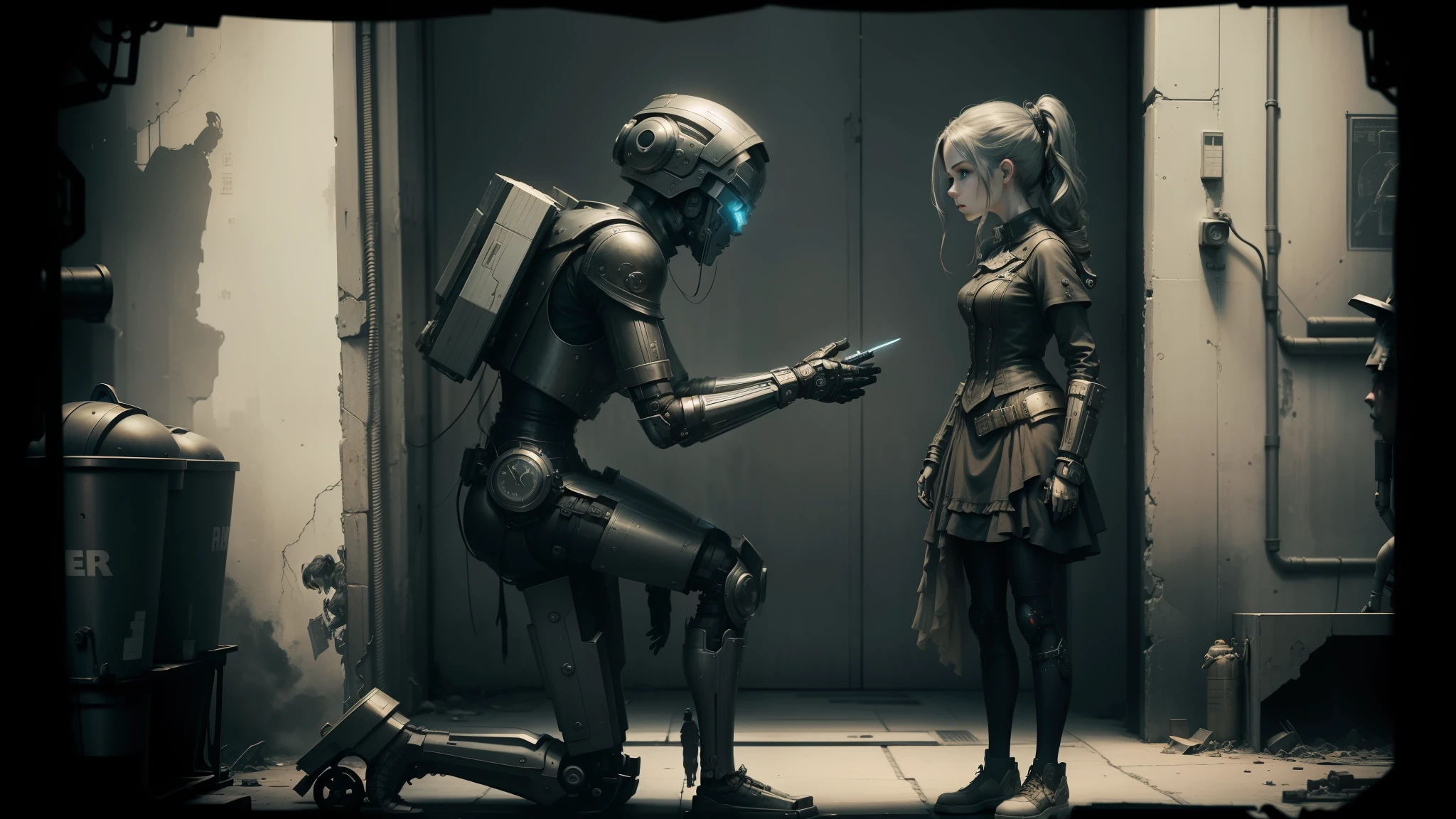 there is a woman and a robot standing next to each other, inspired by Android Jones, man proposing his girlfriend, black and white color photograph, still image from the movie, young girl in steampunk clothes, cyberpunk homeless, artistic depiction --auto --s2