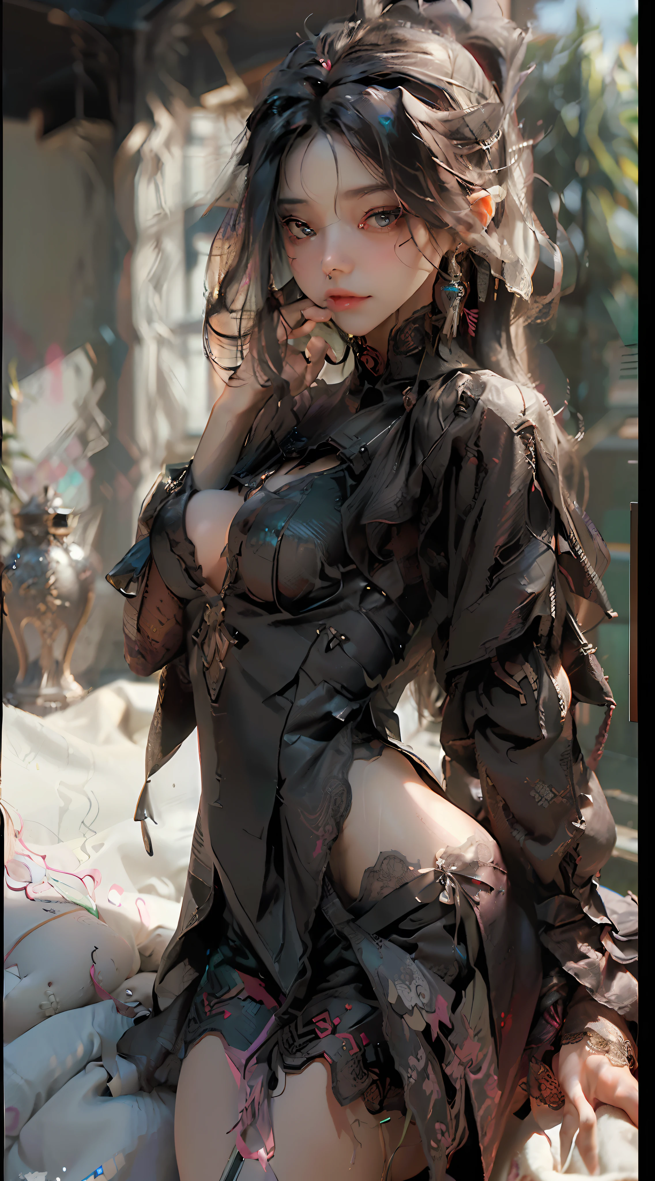 (Best Quality), ((Masterpiece), (Detail: 1.4), 3D, A Beautiful Cyberpunk Woman, HDR (High Dynamic Range), Ray Tracing, NVIDIA RTX, Super-Resolution, Unreal 5, Subsurface Scattering, PBR Textures, Post-Processing, Anisotropic Filtering, Depth of Field, Maximum Sharpness and Clarity, Multi-layer Textures, Albedo and Highlight Maps, Surface Shading, Accurate simulation of light-material interactions, perfect proportions, Octane Render, two-color light, large aperture, low ISO, white balance, rule of thirds, 8K RAW, lying in bed, seducing, mouth open, holding something, wearing a collar around the neck, being led, bitch, bitch, bitch, bitch, confused, shy, delicious, erotic, erotic lingerie, black lace, tongue out, learning to bark, lace shorts, bare waist, in bed, pressed, ambiguous, love, no clothes , nude, with both breasts exposed. Exposed, leaked,