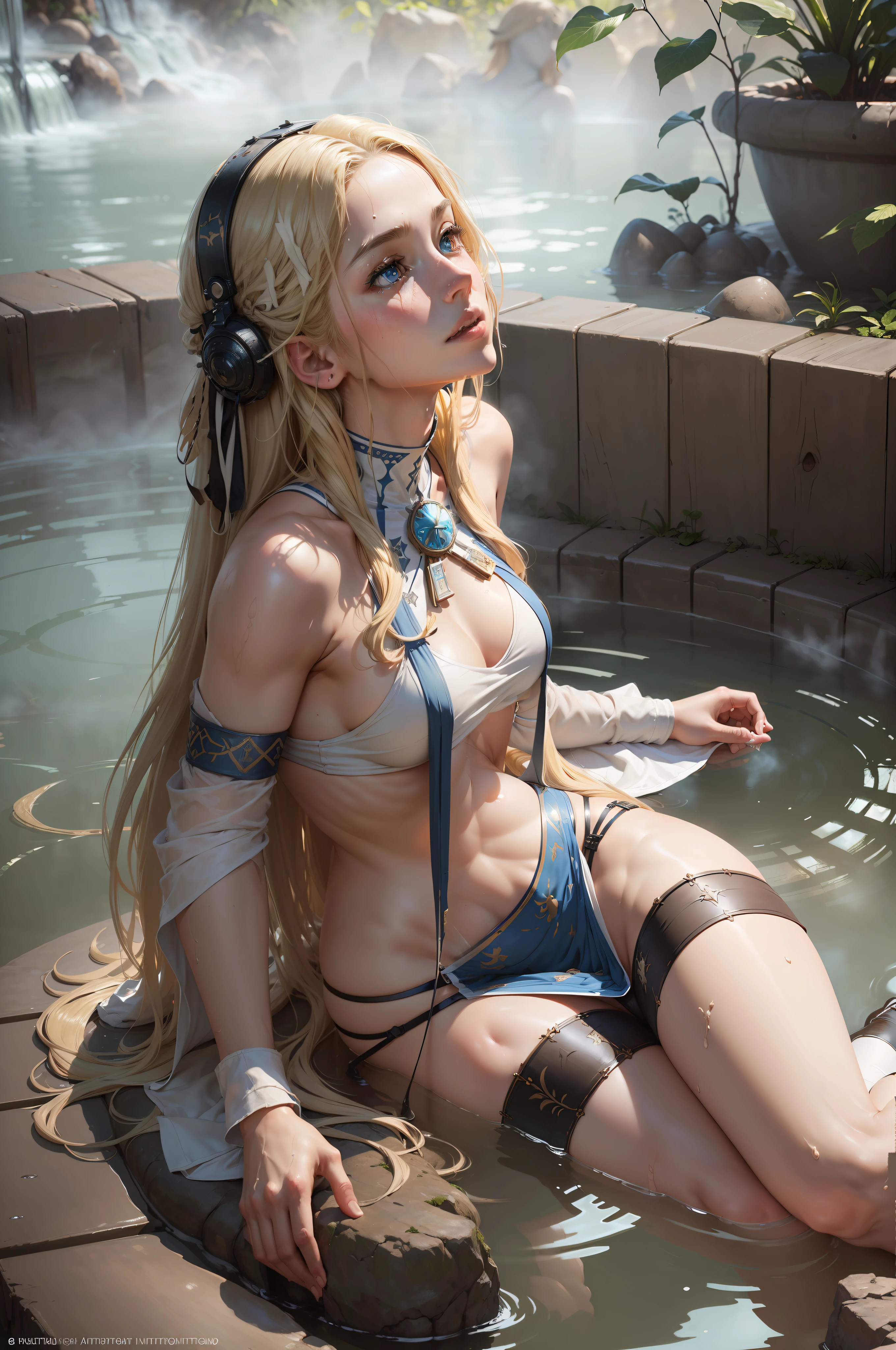 (full figure:1.1), masterpiece, realistic, realism, photorealism, high contrast, in full light, photorealistic digital art trending on Artstation 8k HD high definition detailed realistic, 1girl, (solo:1.5), ((priestess)), young beautiful woman, petite, medium perky breasts, ((blue eyes)), (blonde long hair:1.5), tight long white dress, (white knee high socks:1.1), (no head gear:1.5), (lying in a hot spring:1.5), parted lips, art by artgerm and ruan jia and greg rutkowski surreal painting, detailed, skin texture, hyper-detailed, realistic skin texture, side view, garden, , forest, clear water, head down, flustered, drenched