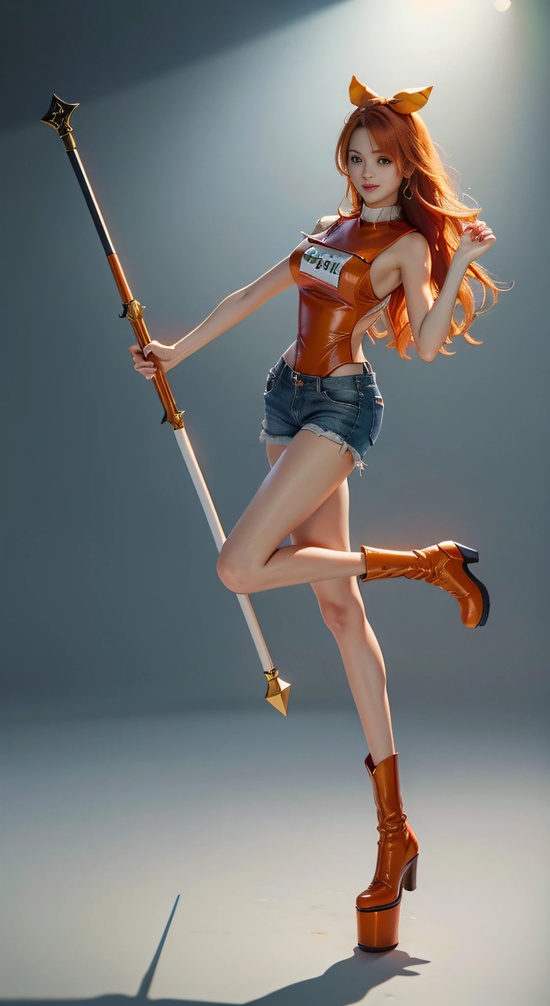 ((Best Quality, 8K, Masterpiece :1.3)), Full Body, Long Legs, Sharp Focus :1.2, A Beautiful Woman with Perfect Body :1.4, Slim Abs :1.1, ((Orange Hair, Huge Breasts :1)), (Orange Denim Bib Pants, Red Short Leather Boots, Green Head Bow), Highly detailed face and skin texture, Brown eyes, beautiful and detailed eyes, Double eyelids, smile, clear sky, professional lighting, photon mapping, radiosity, physically based rendering, (Pale skin: 1.2), looking at the audience, brightening the skin, shooting in the light