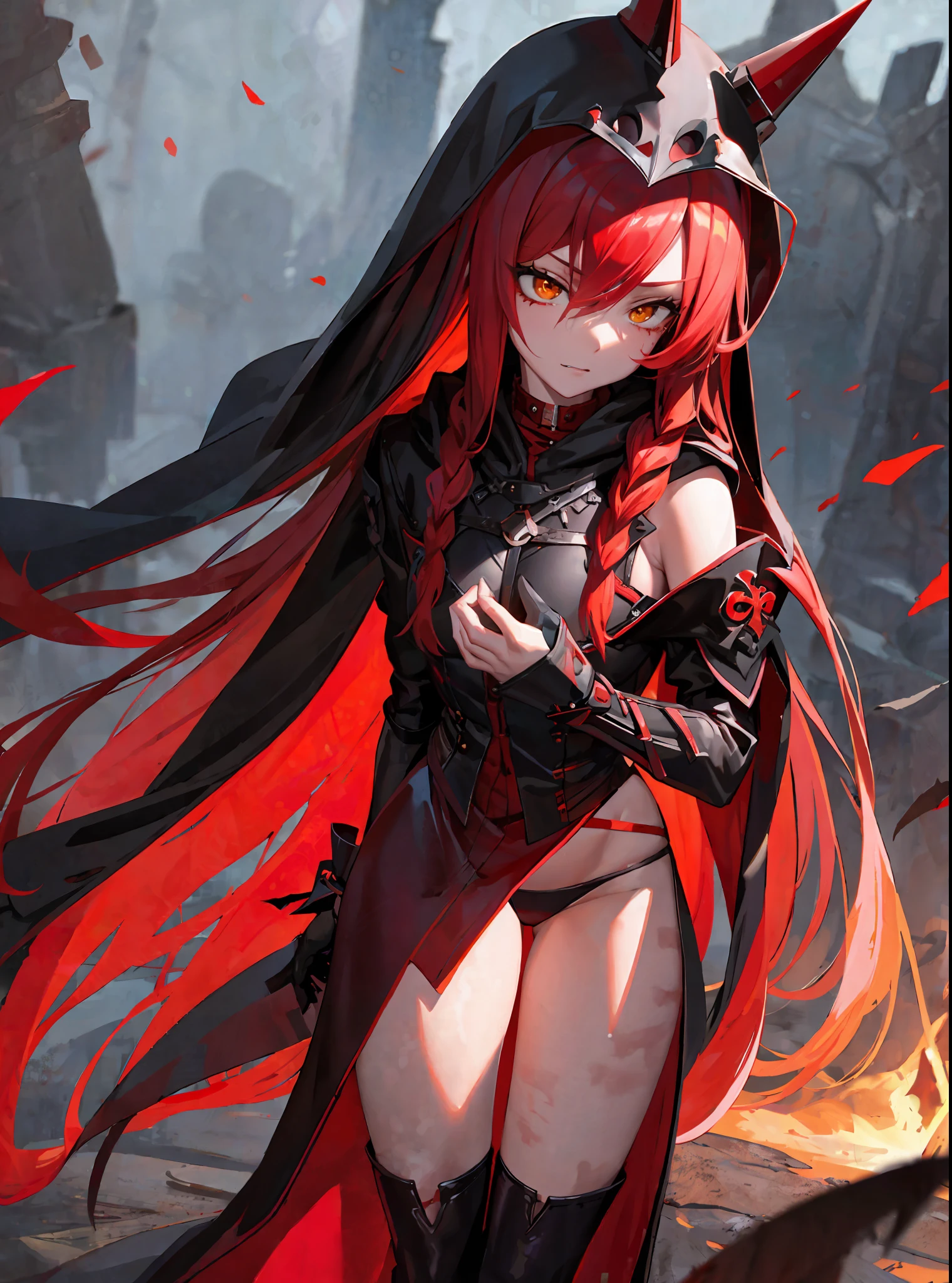 (masterpiece, best quality) an adult woman with very long red hair, short dress, red leather, black bows, long stockings, (red mask covering the eyes), red mask, red mask, covered eye, bare legs, bodysuit, queen, lake, braids, good anatomy, correct proportions, black boots, torn clothes, queen, yellow eyes, serious, blood, emotionless, red forest, straight bangs, very long red hair, evil, (yellow eyes), gothic, medium chest, blood weapons, blood spikes, chest to head show, cinematics, color oil painting, solo, cinematic lighting, extremely detailed face, finely detailed face, beautiful face, beautiful eyes, perfect lighting, depth of field, realistic proportions, good anatomy, long coat, (hood covering head)