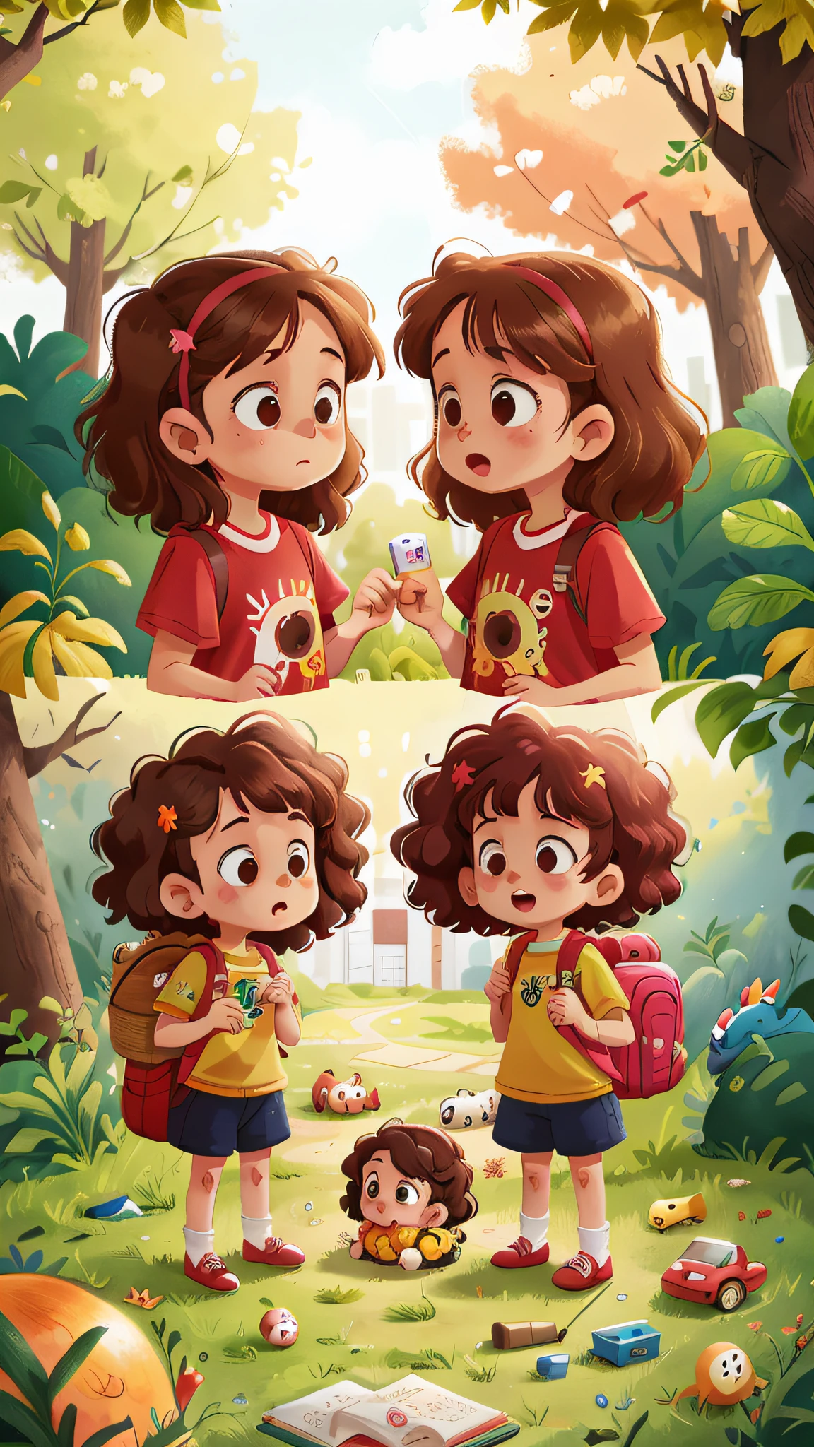 Two girls, twins, curly brown hair, on park toys