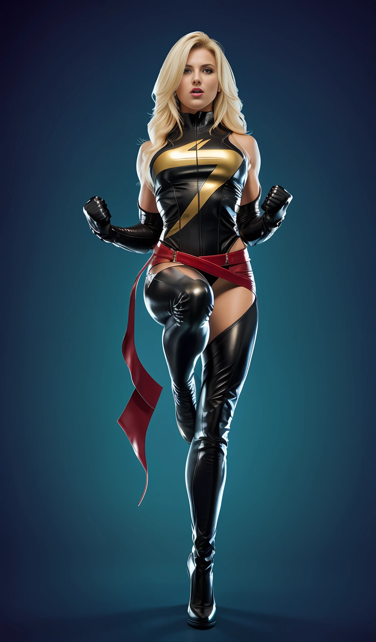 4K, sexy woman, muscular body, blonde hair, leather suit, angry expression, flexed right leg.