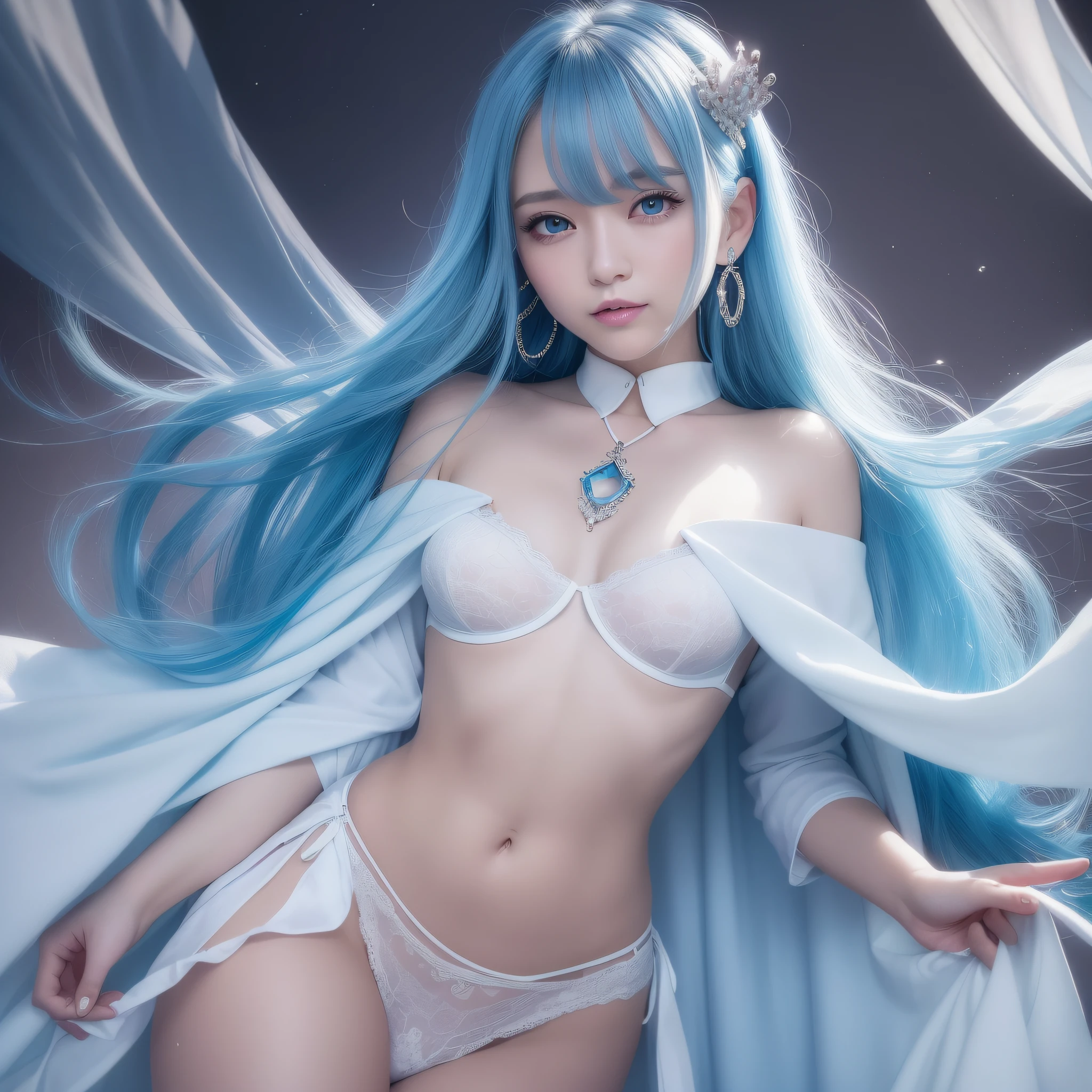Top quality, super high resolution, (photo real: 1.4), Japan person, sky blue hair, long hair, blue eyes, (skinny), small breasts, light makeup, white cape, black string tie, sky blue dress, white sexy lingerie visible under the dress, white down shoulder badge, princess line, small teardrop earrings, cute, smile, on stage