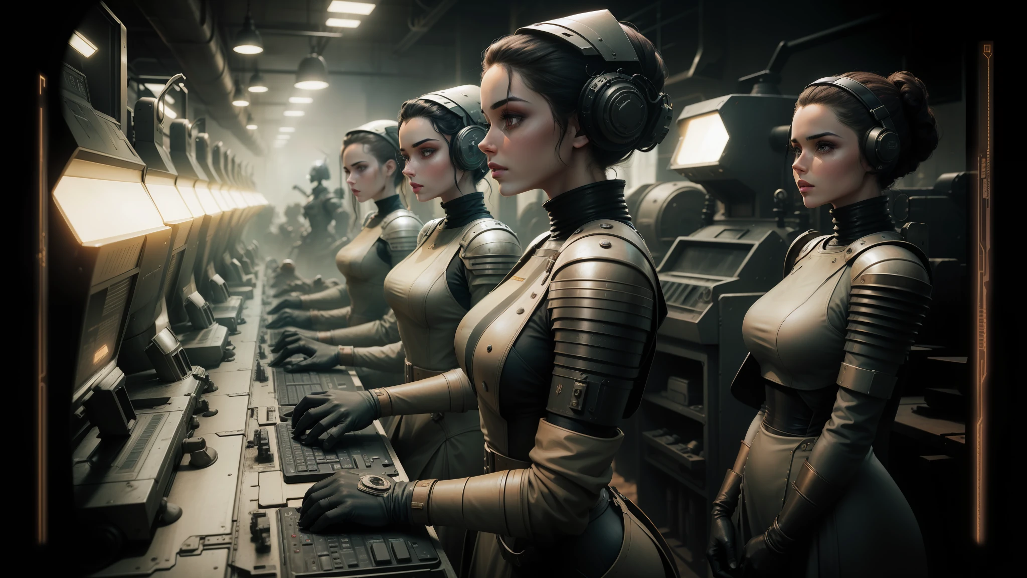 arafed women in a factory working on a machine, dune (2021), computer graphics, peter kemp, godmachine, taken in the early 2020s, rubenesque, anthropomorphized, pawel rebisz, olivia culpo as milady de winter, retro computer graphics, screen tones, photo in 4 k --auto --s2