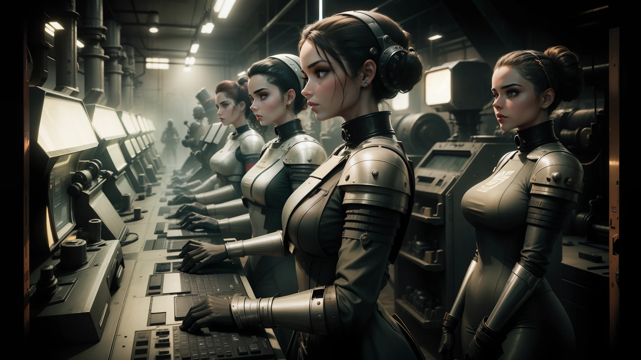 arafed women in a factory working on a machine, dune (2021), computer graphics, peter kemp, godmachine, taken in the early 2020s, rubenesque, anthropomorphized, pawel rebisz, olivia culpo as milady de winter, retro computer graphics, screen tones, photo in 4 k --auto --s2