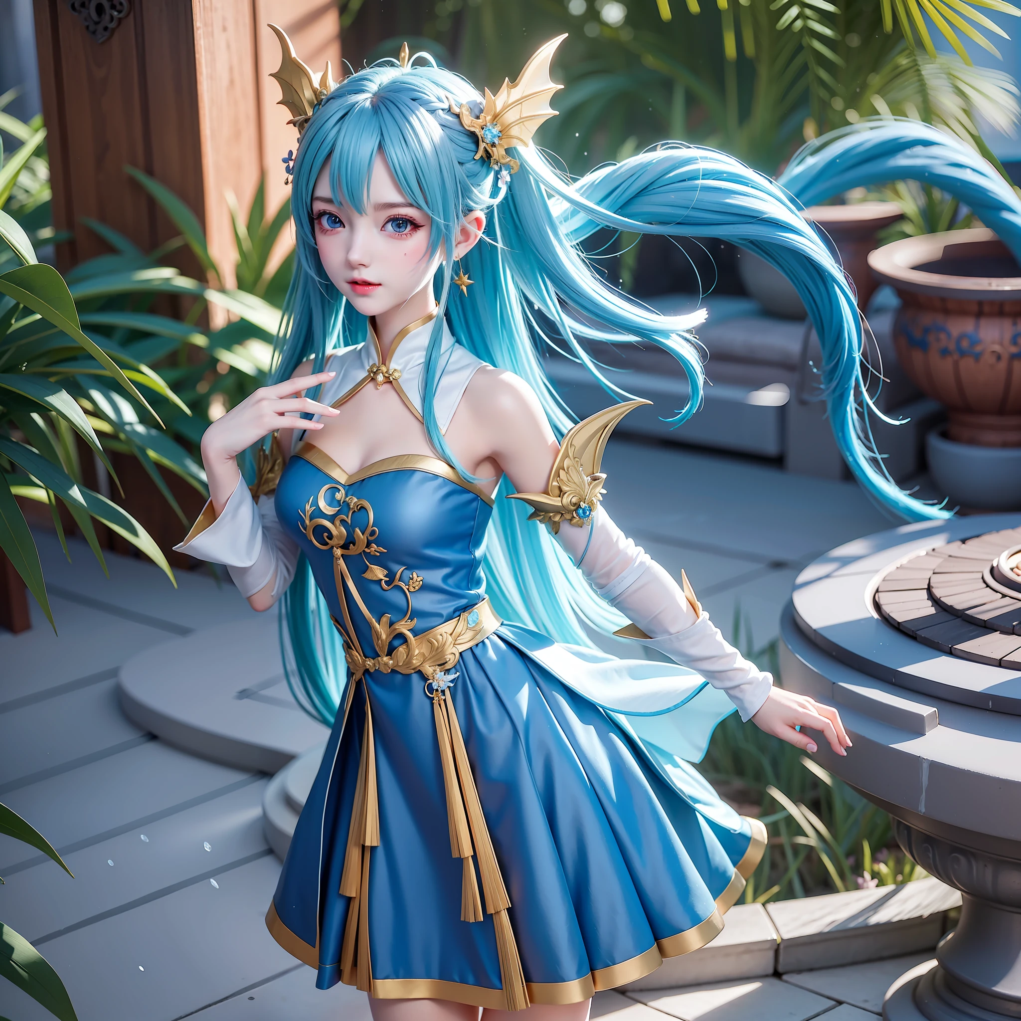 1 girl, fairy wind, dragon girl, {dragon horn on the head}, dragon palace, mage, fan in hand, blue and white short skirt, HD details, game style, underwater background, right fingers, in the underwater world