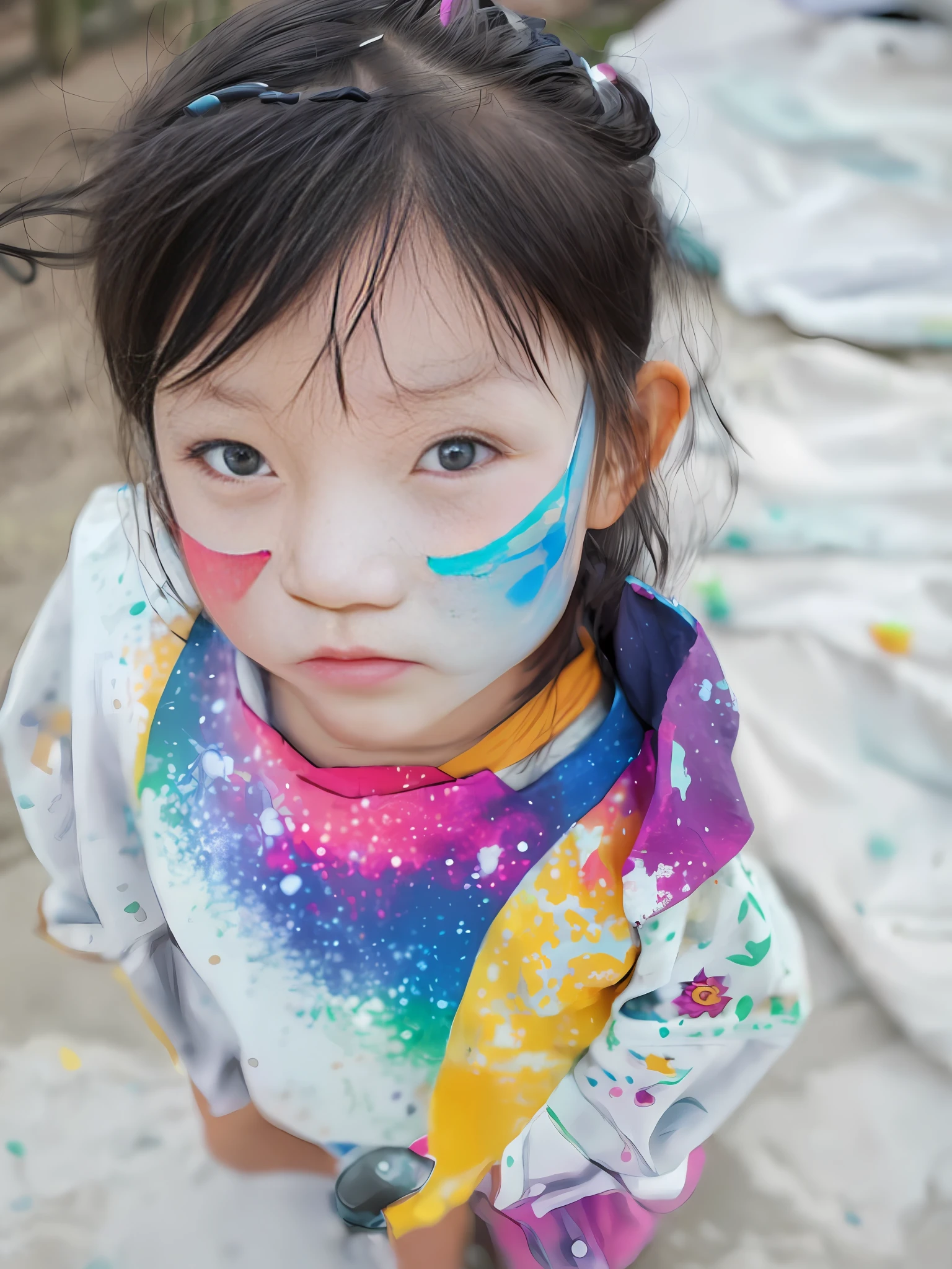 there is a little girl with a face paint on her face, face painting, yanjun chengt, chinese girl, young asian girl, yan, chiho, photo of the girl, young cute wan asian face, wenfei ye, xintong chen, fully covered in colorful paint, jinyiwei, lulu chen, face paint, ???, mingchen shen