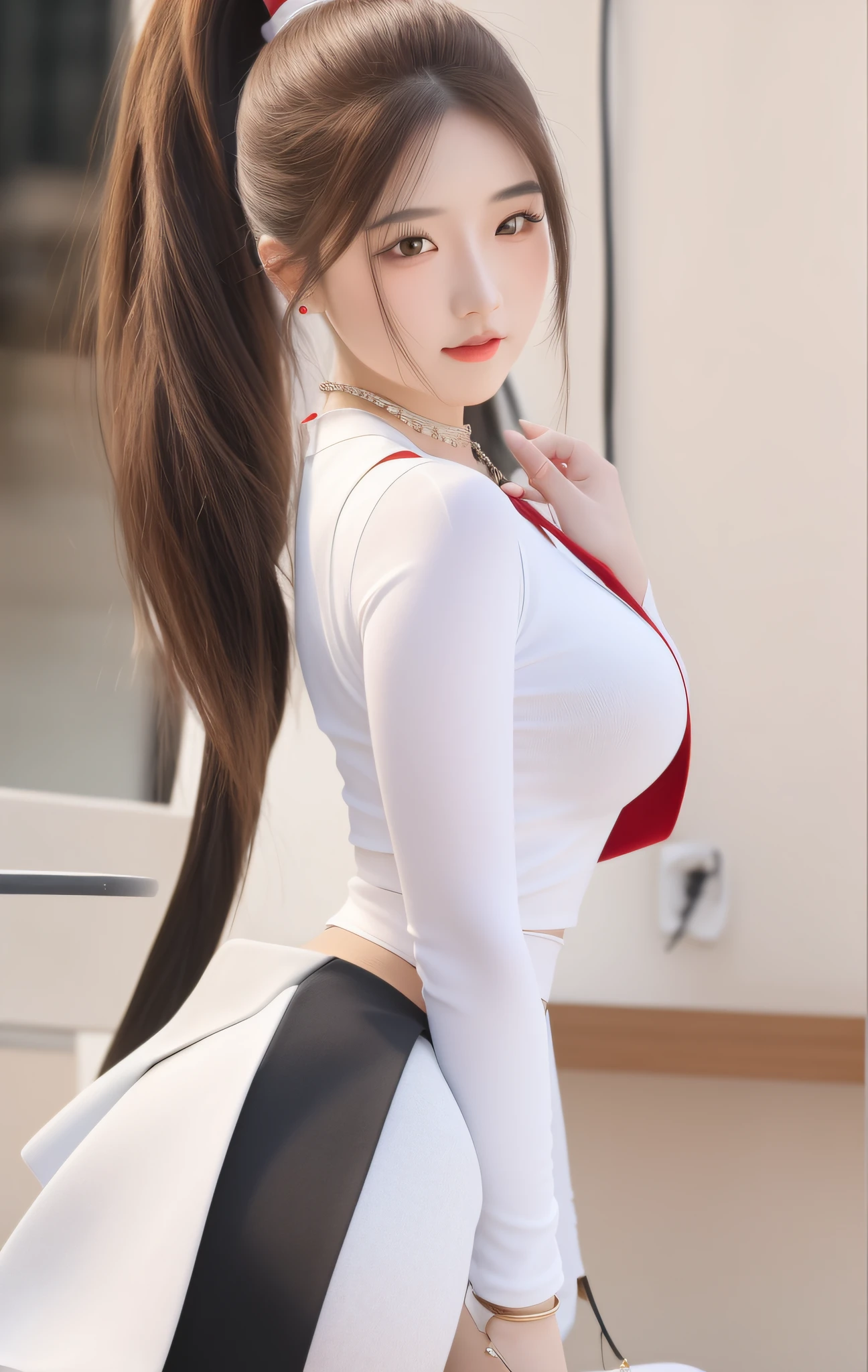Best Quality, Masterpiece, High Resolution, 1 Girl, Ponytail, Red Miniskirt, Hair Accessories, Necklace, Jewelry, Beautiful Face, Physics, Tyndall Effect, Realism, Dark Studio, Edge Lighting, Two-tone Lighting, (High Detail Skin: 1.2), 8k UHD, DSLR, Soft Light, High Quality, Volume Light, Voyage, Photo, High Resolution, 4K, 8K, Background Blur, Big Breasts, Full Body, Long Legs, High Heels, White Leggings, Trimmed Face
