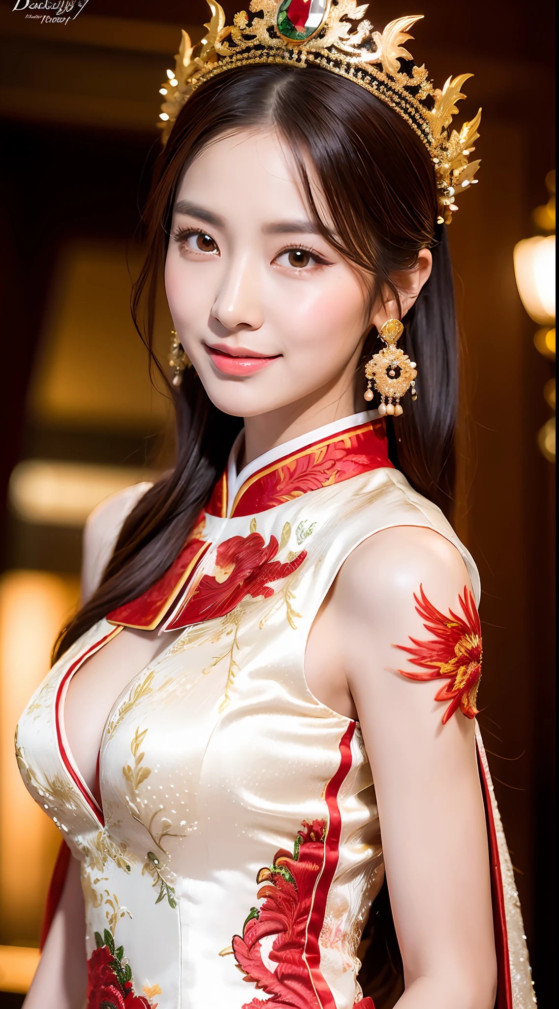 (8k, RAW photo, best quality, masterpiece: 1.3), (realistic, realistic: 1.37), 1 woman with emphasis on slim abs, detailed face, detailed eyes, (big breasts: 1.5), beautiful costume, Chinese wedding dress, phoenix crown Xia drapery, antique bride, show he, close-up, head wearing phoenix crown, smile, dragon and phoenix embroidery dress