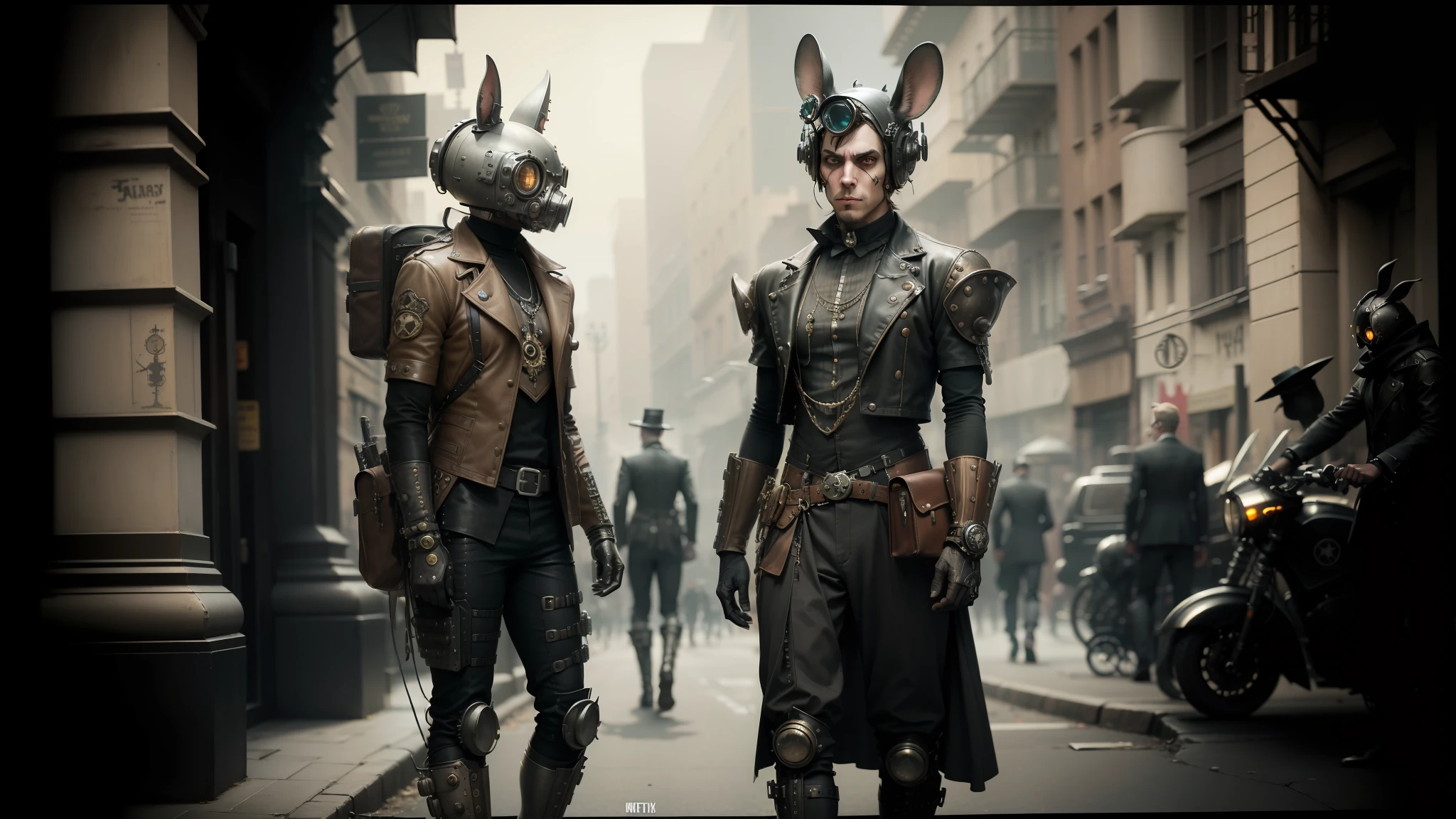 they are two men in costumes walking down the street, machine noir dieselpunk grimcore, highly detailed surreal vfx, portrait of a steampunk catgirl, 2 0 1 4. modern attire, characters from machinarium, cyborg jackalope cyberpunk, necromunda, by Jerry Eisenberg, ambrotype, movie art --auto --s2
