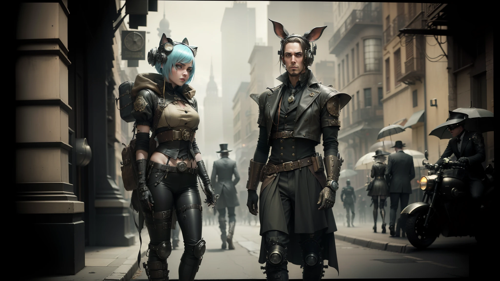 they are two men in costumes walking down the street, machine noir dieselpunk grimcore, highly detailed surreal vfx, portrait of a steampunk catgirl, 2 0 1 4. modern attire, characters from machinarium, cyborg jackalope cyberpunk, necromunda, by Jerry Eisenberg, ambrotype, movie art --auto --s2