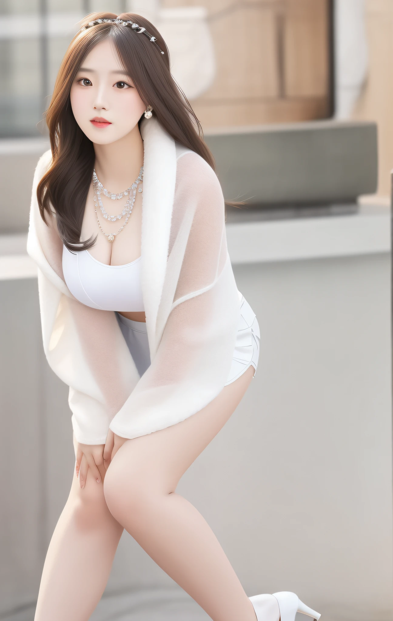Best Quality, Masterpiece, High Resolution, 1 Girl, Long Hair with Shawl, Porcelain Skirt, Hair Accessories, Necklace, Jewelry, Beautiful Face, Physics, Tyndall Effect, Realistic, Dark Studio, Edge Lighting, Two-tone Lighting, (High Detail Skin: 1.2), 8k UHD, DSLR, Soft Light, High Quality, Volumetric Light, Voyeur, Photo, High Resolution, 4K, 8K, Background Blur, Big Breasts, Full Body, Long Legs, High Heels, White Leggings, Trimmed Face