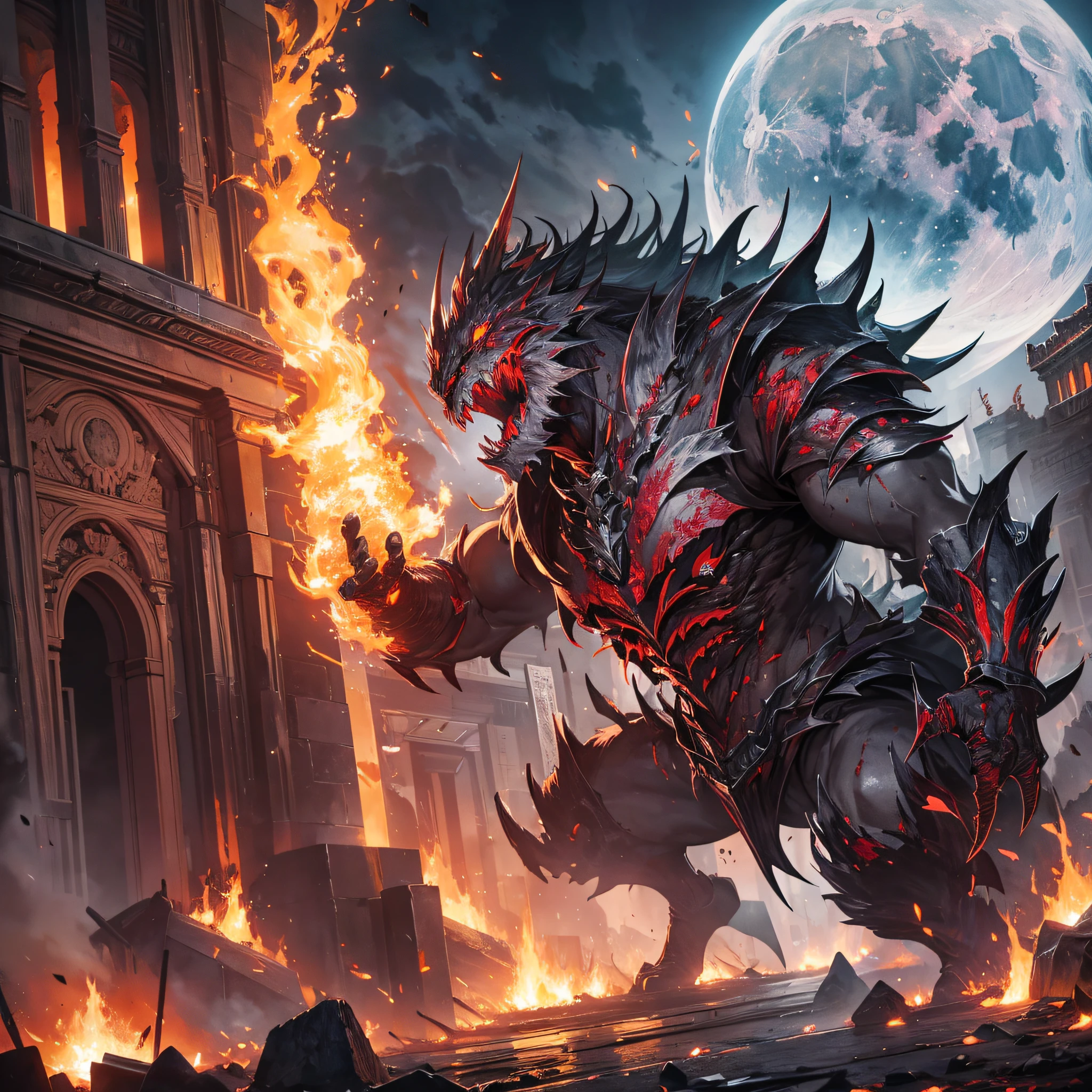 Huge monsters tear open the steel gate, night, blood moon, shock, fire