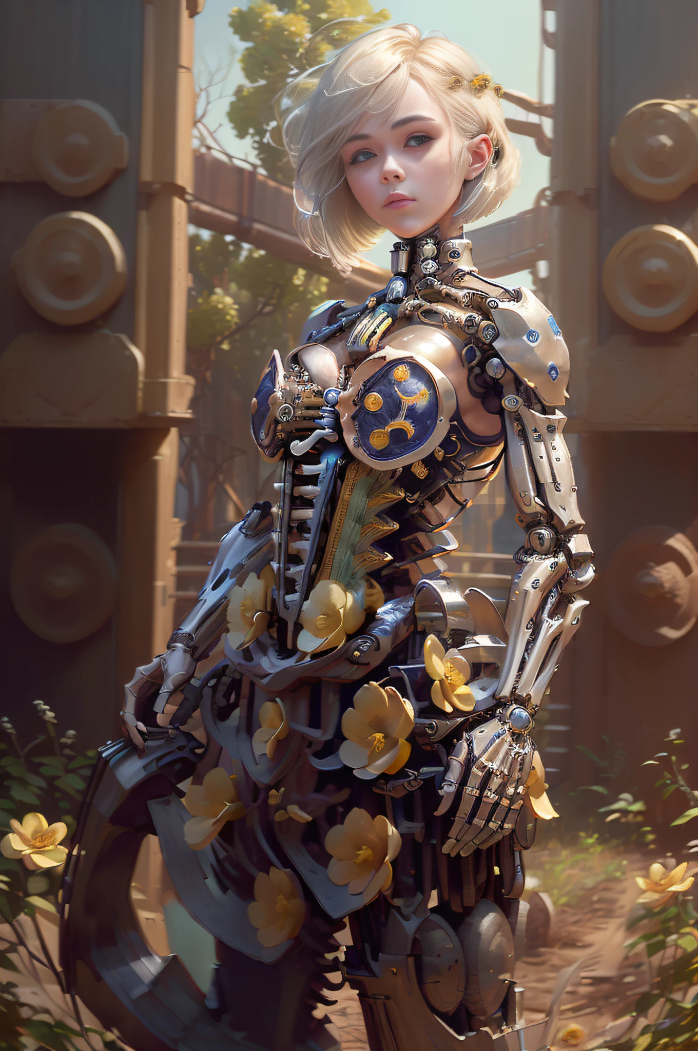 (mechanical parts:1.5), pretty 1girl, absurdres, 8k uhd, platinum blonde hair, bob cut, medium breasts, black tshirt, yellow ear, yellow glowing chest, garden background, flowers, magnolias, apple tree, (masterpiece:1.3), (best quality:1.1), (intricate detail:1.1), (cowboy shot:1.5), (wide angle view:1.5)