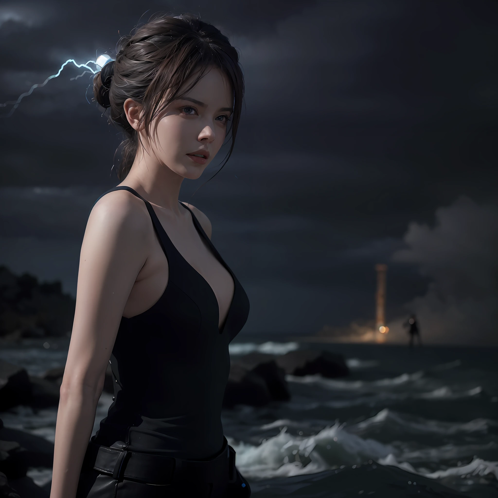 /imagine prompt: The bold and courageous Storm, played by Charlize Theron, stands resolute in the midst of a raging storm, using her mutant abilities to control the wind and rain and protect those in need. The scene exudes the signature style of director Patty Jenkins, with a mix of emotion and empowerment. The color temperature is cool and serene, with a range of blues and grays adding to the solemn and reflective feel of the setting. The lighting is soft and subdued, with flashes of lightning and gusts of wind creating a sense of tension and urgency. The camera model used to capture the scene is an Arri Alexa Mini, with its exceptional image quality and cinematic depth capturing the powerful performance and commanding presence of Charlize Theron as Storm. Keywords: emotion, empowerment, cool colors, subdued lighting, cinematic camera