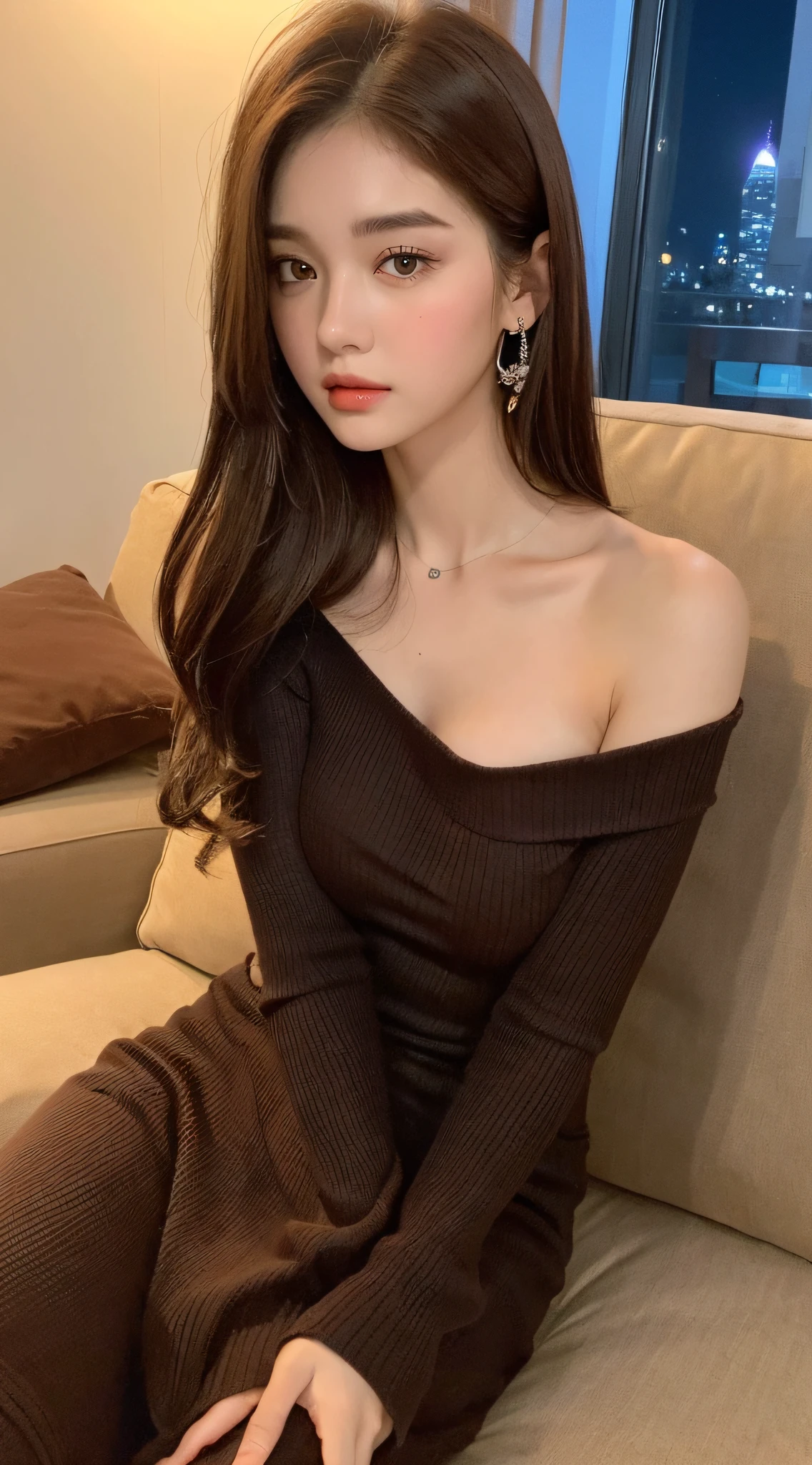 ((Night view, realistic light, best quality, 8k, masterpiece: 1.3)), 1girl, pretty woman with slim figure: 1.4, (brown hair, medium breasts: 1.3), off-the-shoulder cut top: 1.3, sofa, super detailed face, detailed eyes, double eyelids