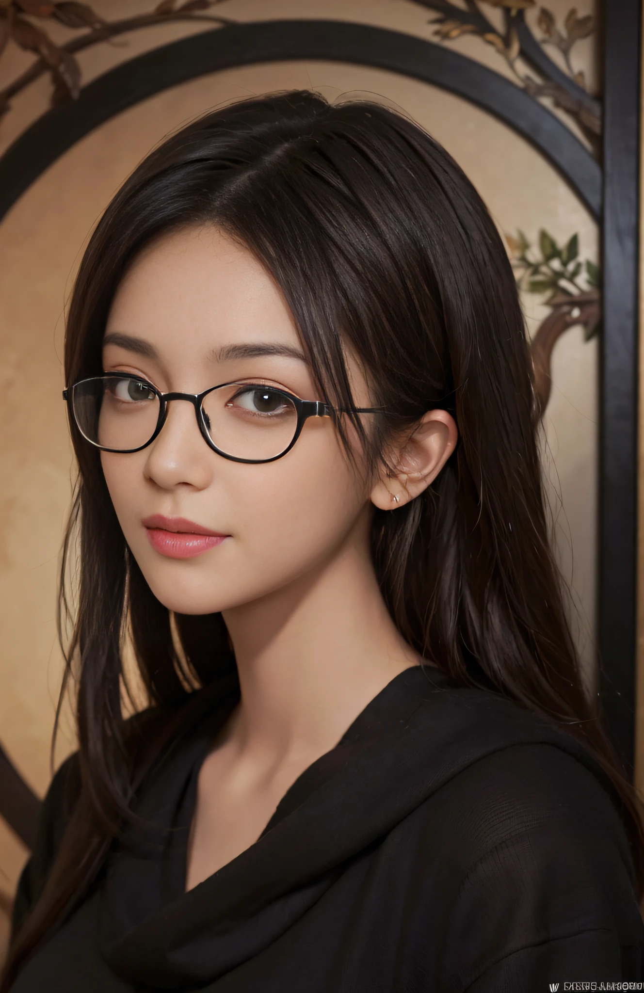 (Ultra Realistic), (Illustration), (Increased Resolution), (8K), (Extremely Detailed), (Best Illustration), (Beautiful and Detailed Eyes), (Best Quality), (Ultra Detailed), (Masterpiece ), (wallpaper), (detailed face), solo, 1 girl with glasses, looking at viewer, fine details, detailed face, in the dark, deep shadows, low key, pureerosfaceace_v1, smiling, short hair, black shawl straight hair , 46 points oblique bangs