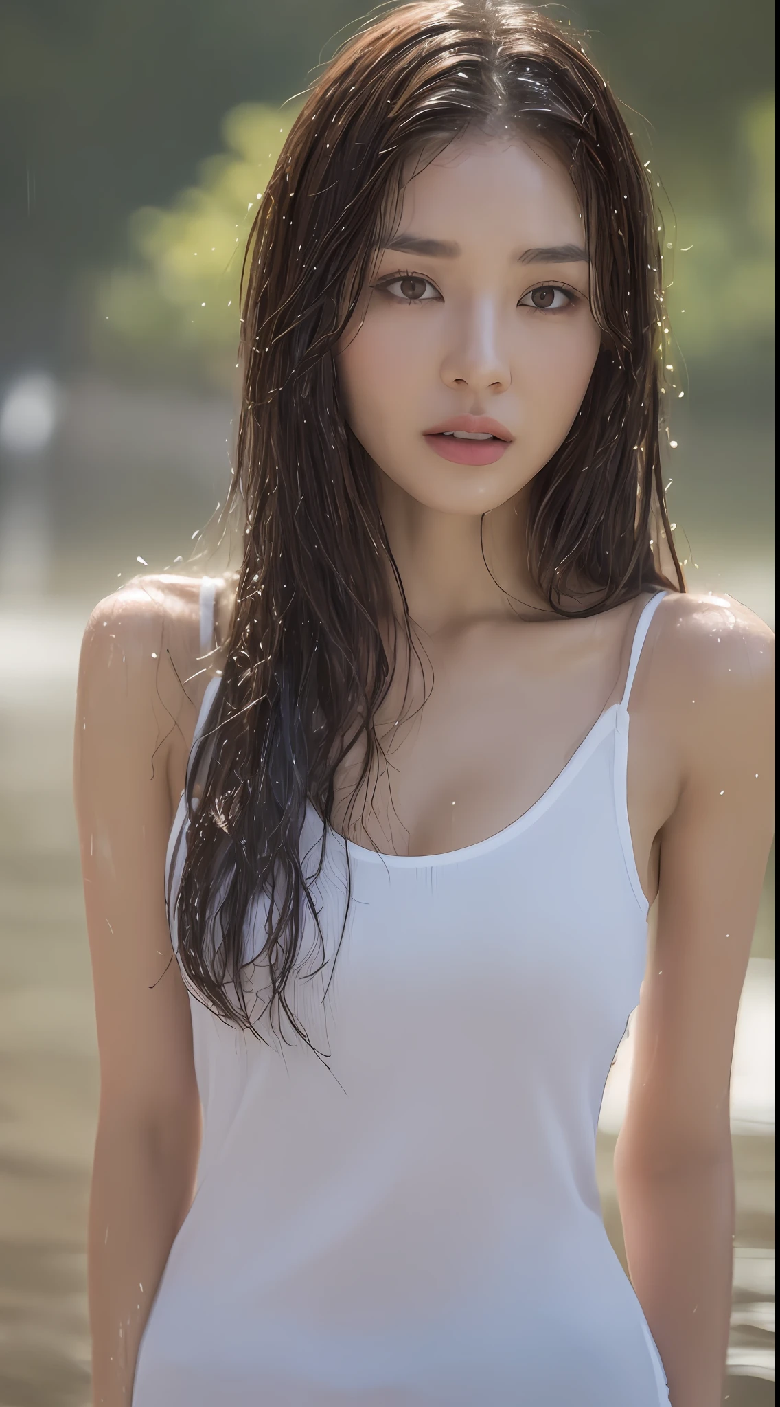 (Best quality, 4k, Masterpiece :1.3), pretty woman, 1girl, sexy :1.1, dark brown hair: 1.1, (rainy wet, wet from rain, wet body :1.2), white tank tops, ultra-detailed face, detailed lips, detailed eyes, double eyelid
