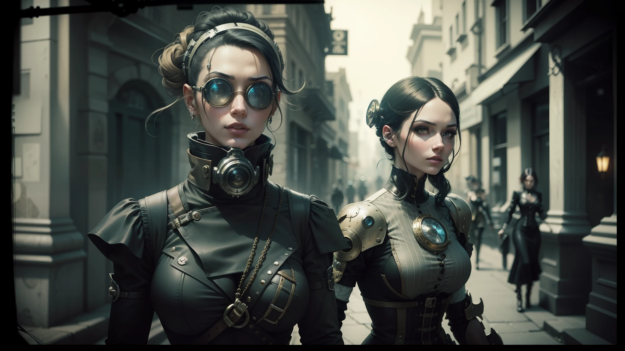 there are two women in steampunk clothing walking down the street, cyborg portrait, featured on vimeo, 2 0 1 4. modern attire, beautiful gemini twins, inspired by Craola, black and white color photograph, desaturated and muted colors, monocle, cyberpunk 2 0 4 8 --auto --s2