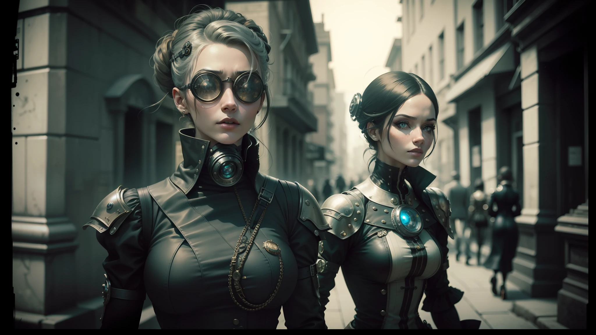 there are two women in steampunk clothing walking down the street, cyborg portrait, featured on vimeo, 2 0 1 4. modern attire, beautiful gemini twins, inspired by Craola, black and white color photograph, desaturated and muted colors, monocle, cyberpunk 2 0 4 8 --auto --s2
