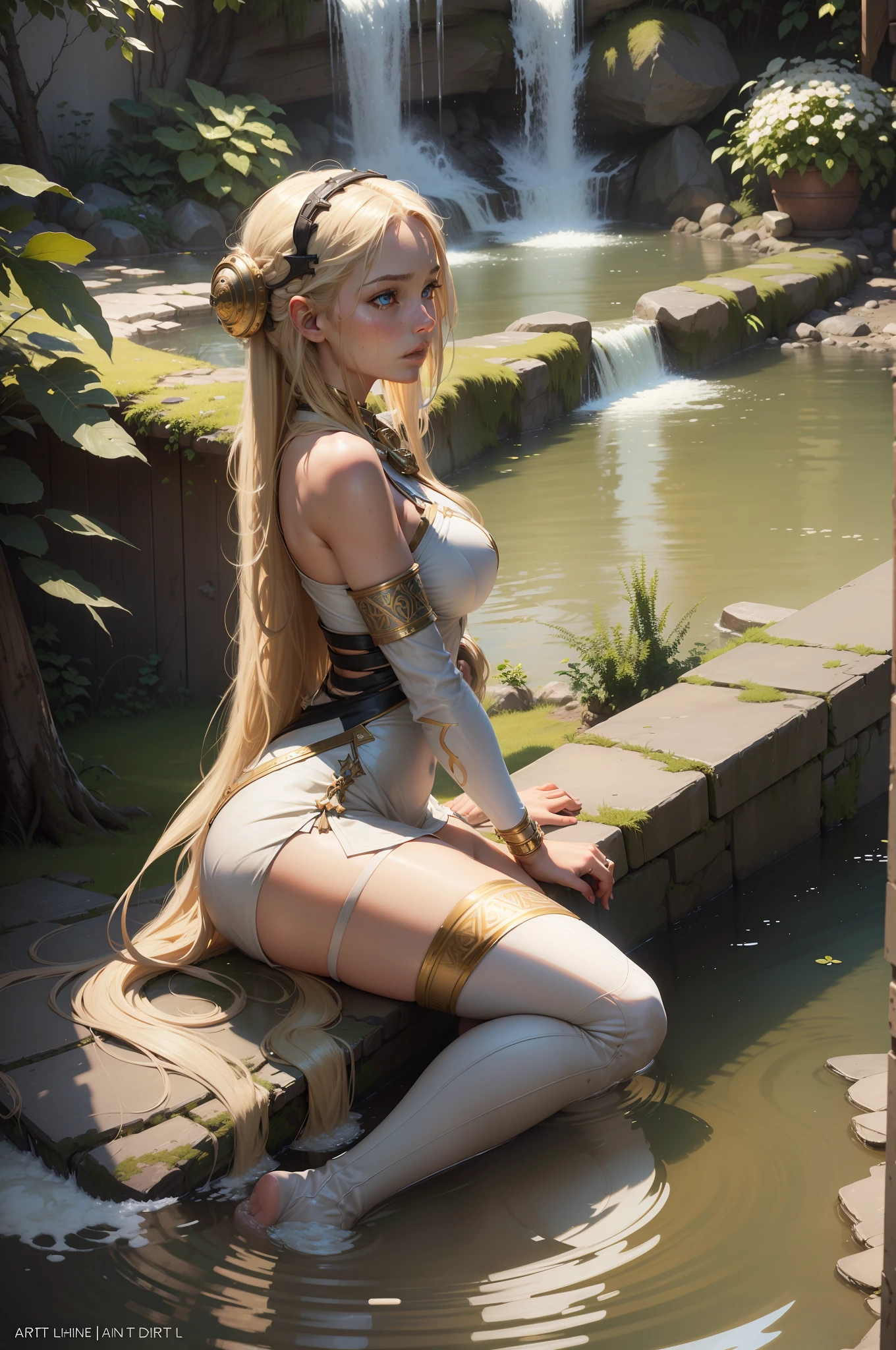 (full figure:1.1), masterpiece, realistic, realism, photorealism, high contrast, in full light, photorealistic digital art trending on Artstation 8k HD high definition detailed realistic, 1girl, (solo:1.5), young beautiful woman, petite, medium perky breasts, ((blue eyes)), (blonde long hair:1.5), tight long white dress, (white knee high socks:1.1), (no head gear:1.5), ((priestess)), parted lips, art by artgerm and ruan jia and greg rutkowski surreal painting, detailed, skin texture, hyper-detailed, realistic skin texture, side view, garden, lying in a hot spring, forest, clear water, head down, flustered, drenched