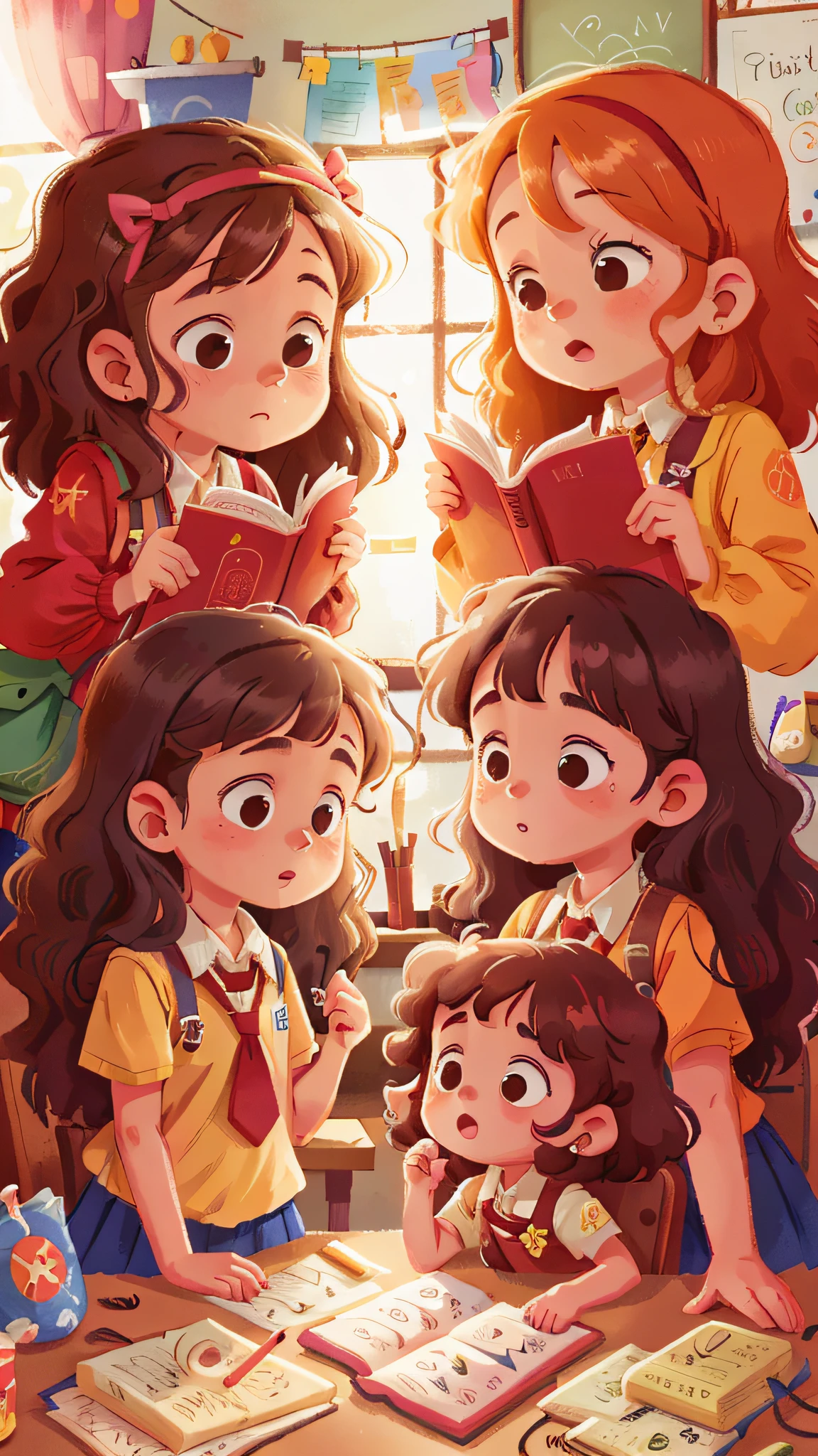 Two girls, twins, curly brown hair, doing schoolwork