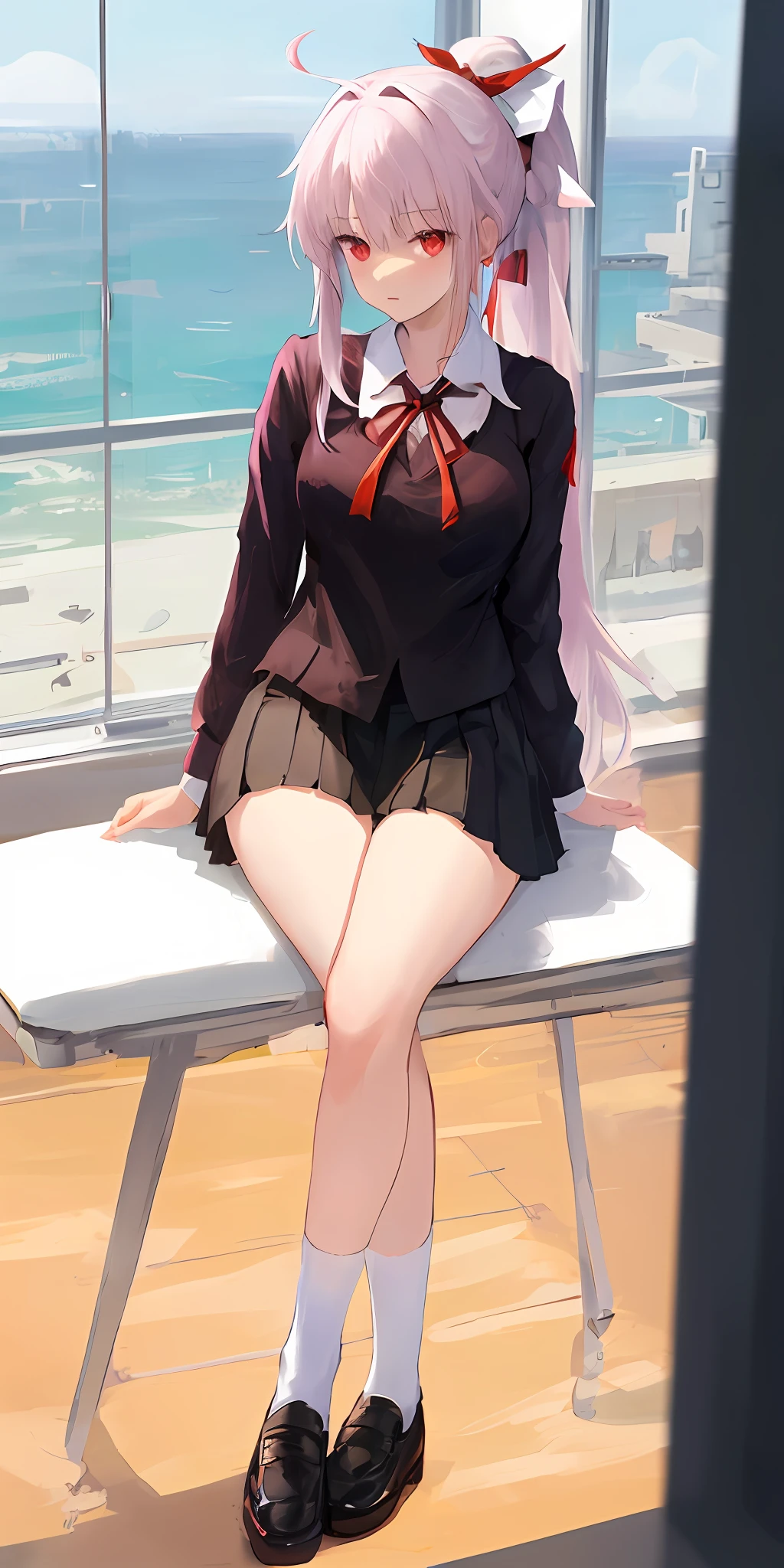 extremely detailed CG, high resolution, best quality, masterpiece, (bishoujo:1.3), Anime girl with full white hair, long ponytail tied with red ribbon, ahoge, red eyes, (> _ :2),laughting, medium sized breasts,school uniform, back top uniform with red ribbon and white collar, white skirt with red lining, black shoes with red lining, school classroom, classroom, sit on desk,next to window, sunny, full body image, wearning white thights, face viewer